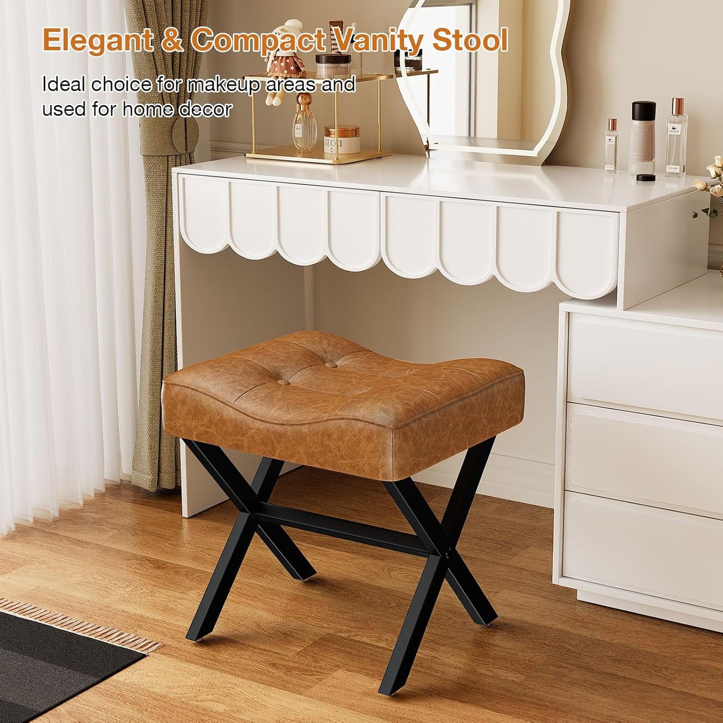 18-Inch Large Leather Vanity Stool, Vanity Chair with Metal X-Leg, Ottoman Foot Stool with Thick Padded Saddle Seat, Brown