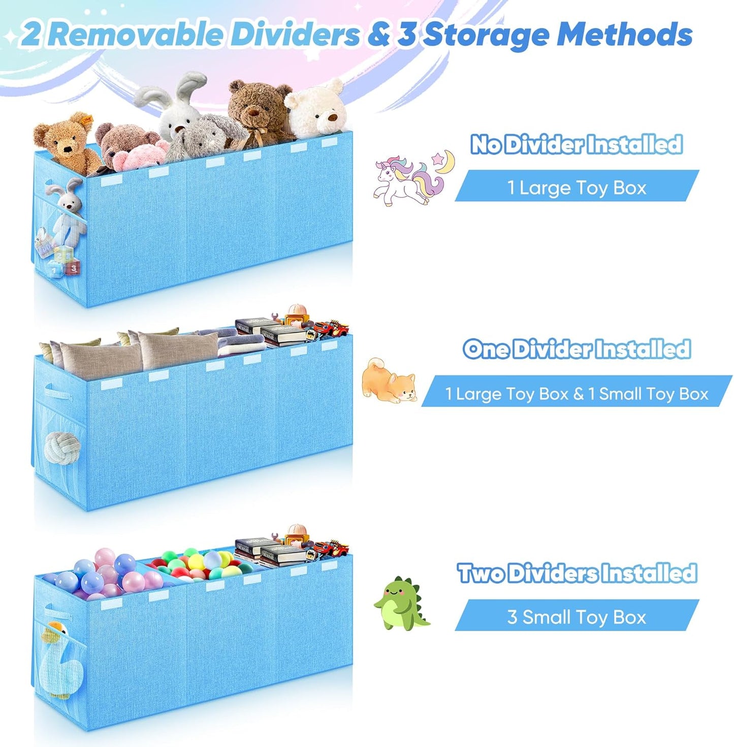 Extra Large Toy Box, Toy Box for Kids Boys Girls, Collapsible Sturdy Toy Storage Organizer with Mesh Pockets, 40"x14"x16" Kids Toy Chest Boxes Bins Baskets for Nursery, Playroom, Blue