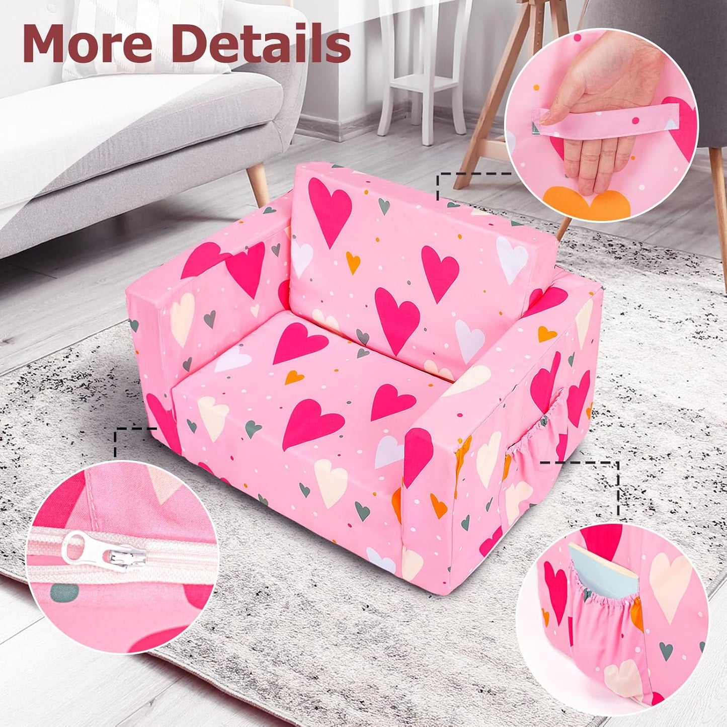 Kids Couch, 2-in-1 Kids Fold Out Sofa, Convertible Toddler Couch to Lounger for Girls and Boys, Soft Toddler Chairs Comfy 1-3 Years Old(Pink Heart)