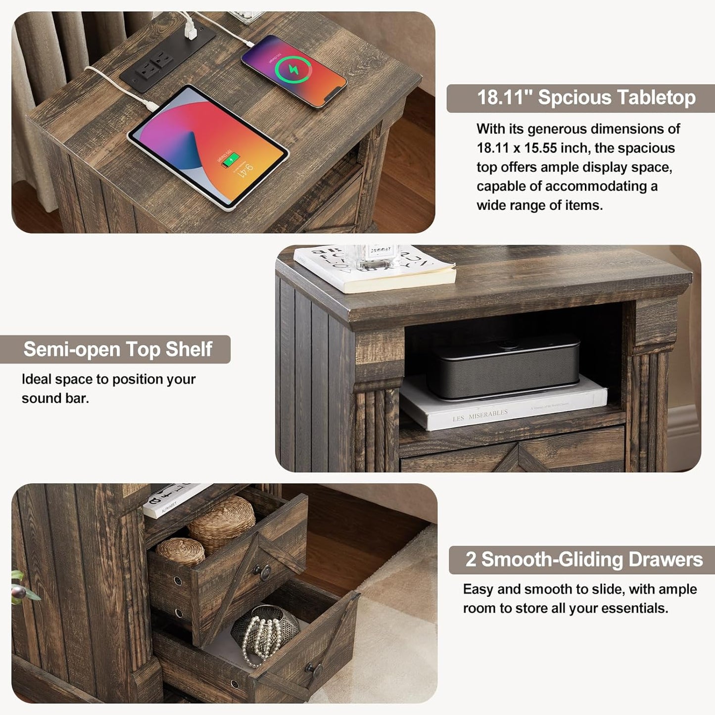 Farmhouse Nightstand with Charging Station, 18" Modern Wood Side Table, 2 Drawers End Table & Roman Column Design for Living Room, Bedside Table with Open Shelf for Bed Room, Dark Rustic Oak