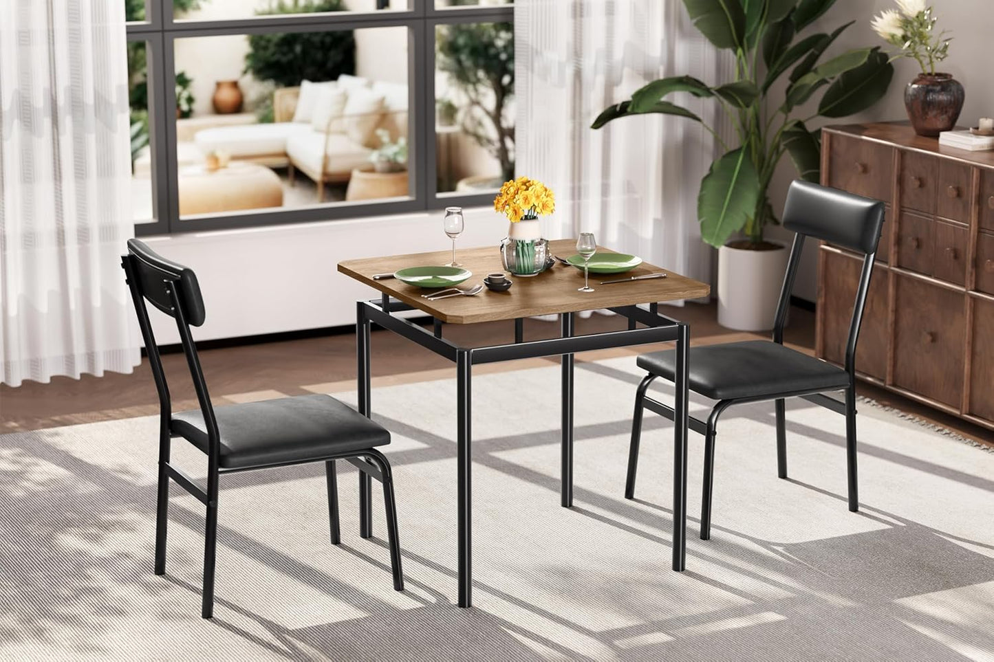 IDEALHOUSE 3 Piece Dining Room Table Set, Kitchen Table Set for 2 with Brown Wooden Grain Kitchen Table and 2 PU Upholstered Metal Chairs, Dining Room Set for Small Space,Home Dinner(2 Black Chairs)