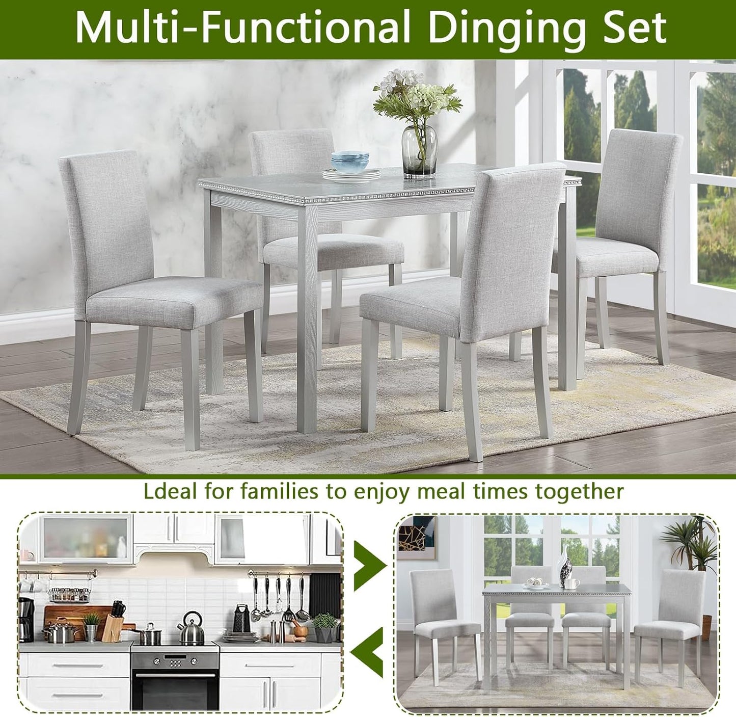 Ball & Cast 5 Piece Dining Table Set,Kitchen Table Set for 4 W/ 45.5" Rectangular Wooden Dining Table,Living Room Furniture W/ 4 Upholstered Chairs,for Dining Room,Kitchen,Silver Grey