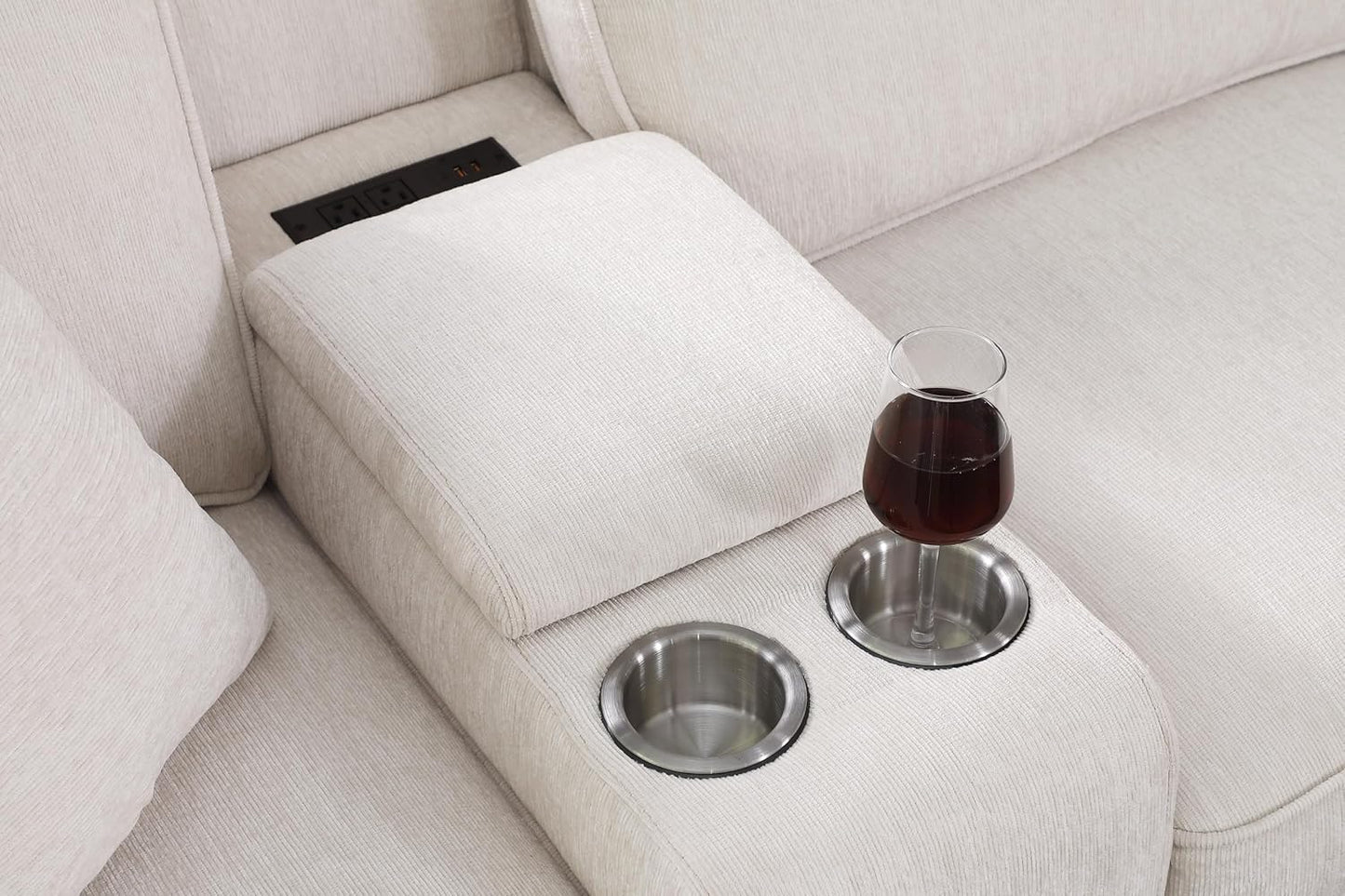 127" L-Shaped Sectional Couch with Movable Ottoman & 6 Throw Pillows,7 Seat Chenille Upholstered Sofa W/2 Cup Holder,USB Port & Hidden Storage Box,DIY Combination,for Living Room,Apartment,Beige