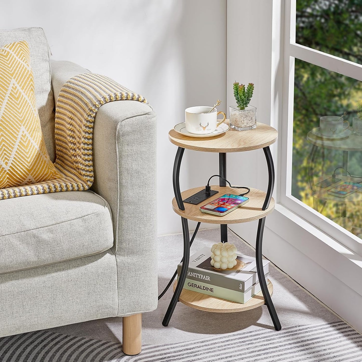 Small Round Side Table with Charging Station, 3-Tier Waist Circular End Table with Storage Shelf, Compact Tea Sofa Side Table Small Spaces, Round Corner Coffee Table for Living Room Bedroon,Oak