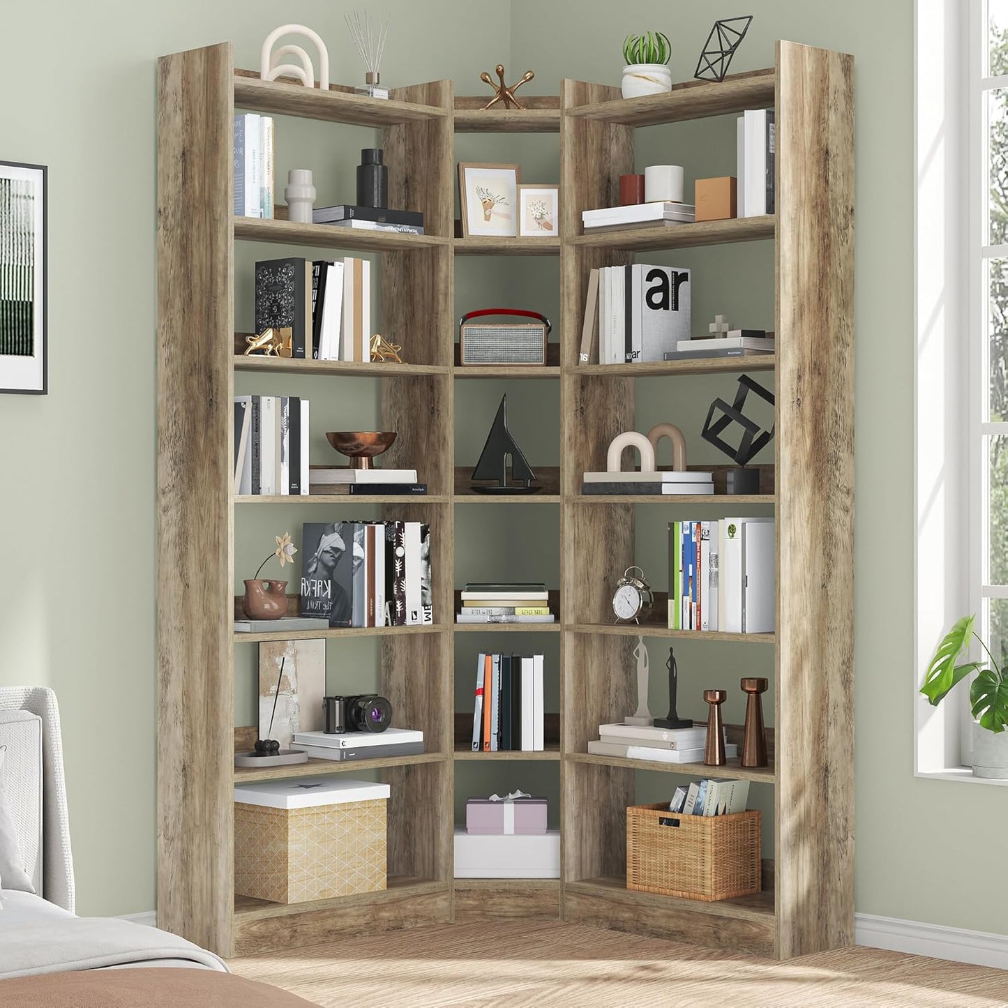 70.8" Tall Corner Bookshelf and Bookcases, 7 Tiers Morden Large Etagere Bookcases Storage Display Rack with Baffle, Industrial L-Shaped Bookshelves for Bedroom, Home Office, Living Room, Brown