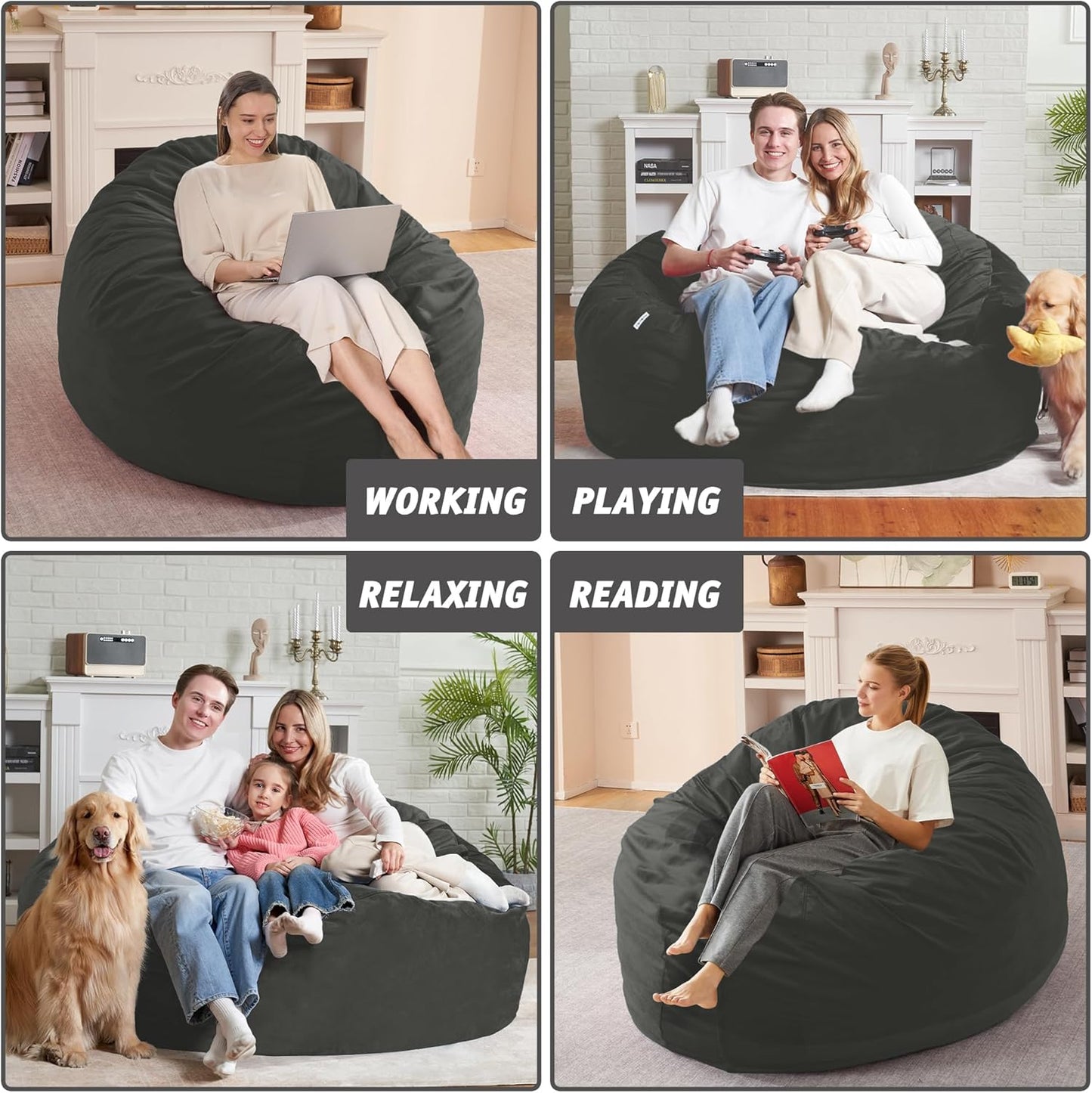 5FT Bean Bag Chair with Ultra Soft Velvet Cover Bean Bag Sofa with Memory Foam Bean Bag Chairs with Large Size Lazy Sofa for Dorm Office Living Room Bedroom Grey 5'