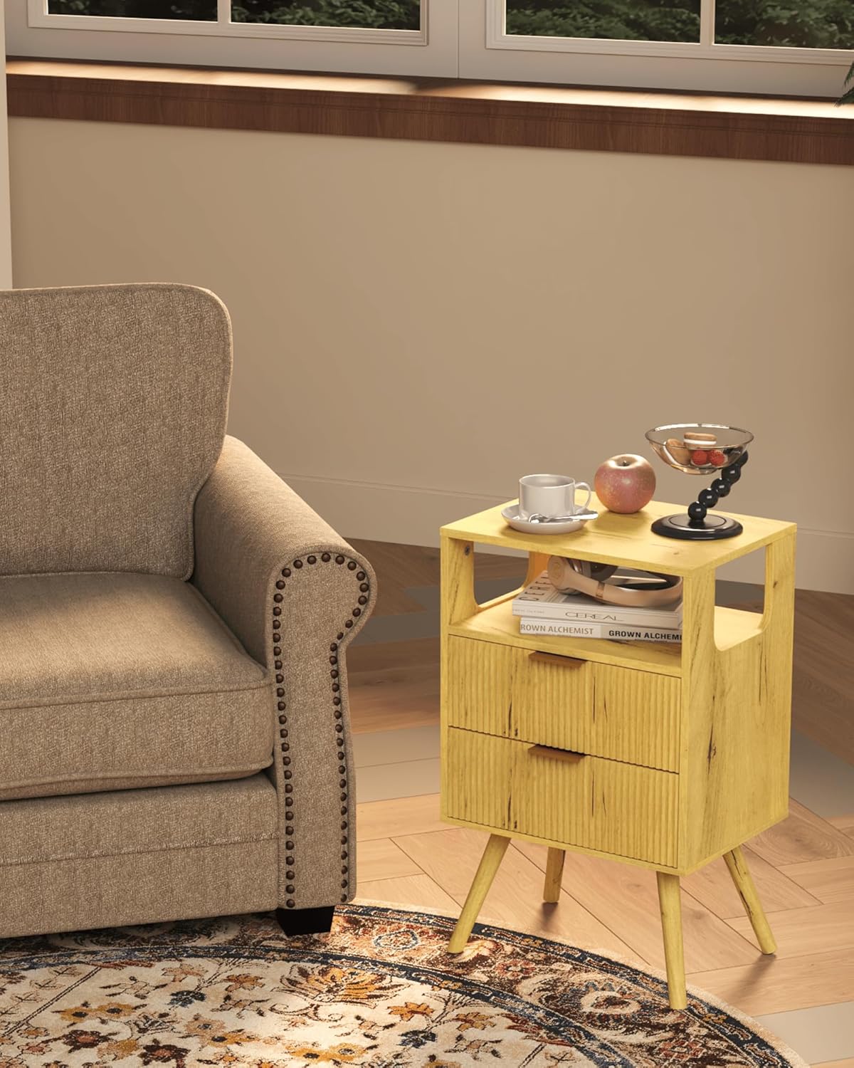 Nightstand,Modern Bedside Table with 2 Storage Drawer and Open Wood Shelf, for Bedroom and Small Spaces,Night Stand with Solid Wood Legs, Yellow Oak