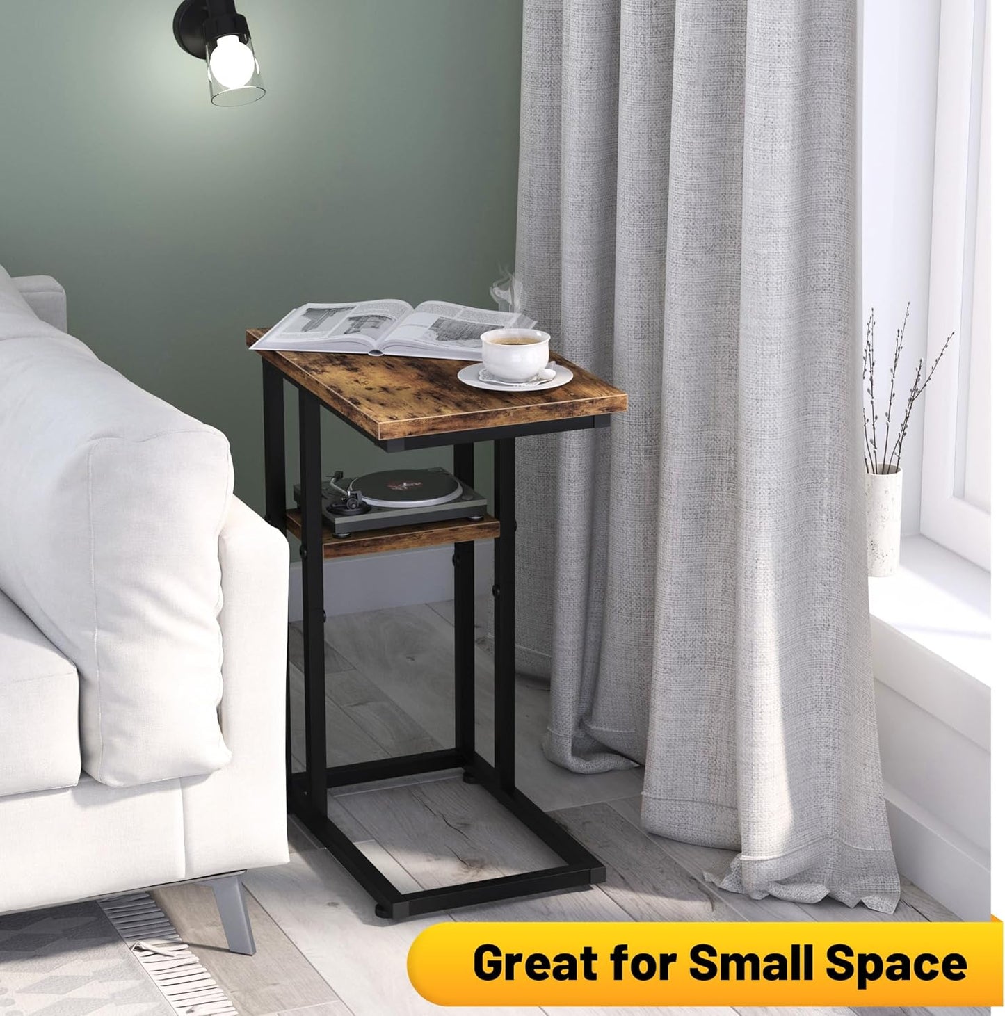 C Shaped End Table with Metal Frame, 2 Tier Sturdy C Table Side Table for Couch Sofa Bedside Small Space, C Snack Table TV Tray Record Player Stand Small Tables for Living Room Bedroom, Rustic Brown