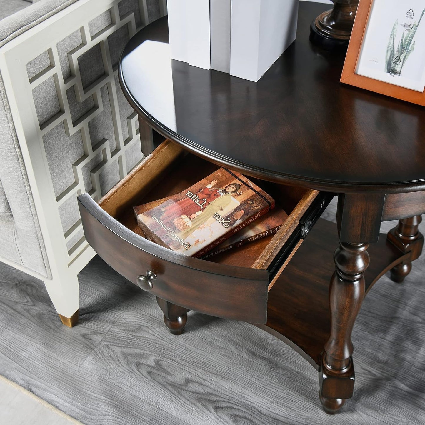 LEEMTORIG Oval Round End Table with Drawer, 2-Tier Solid Wood End Tables, Victorian Antique Nightstand Bedside Table for Bedroom Office Living Room, 28" W x 22" D x 24.2" H, Dark Walnut CJZ-2233-DC