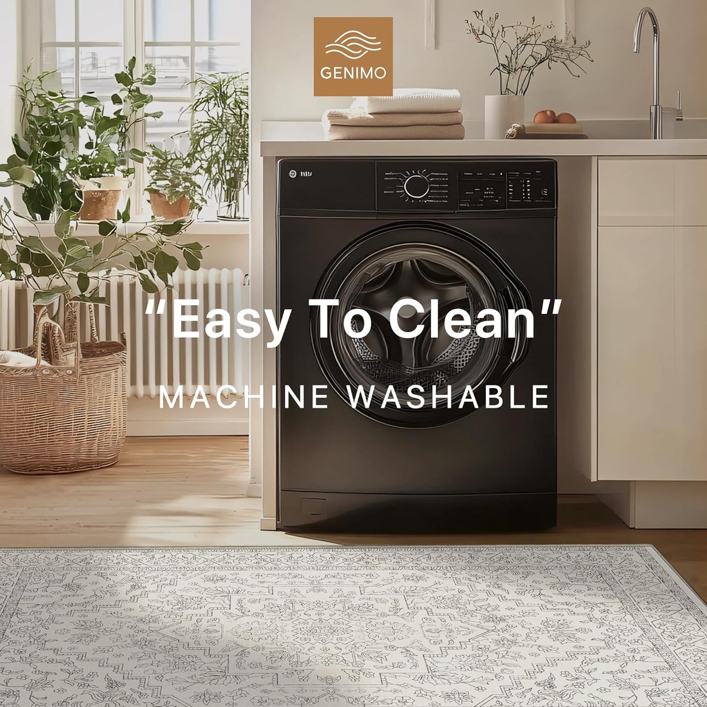 GENIMO 10x14 Area Rugs for Living Room, Machine Washable Non Slip Vintage Rugs, Low Pile Lightweight Chenille Print Rug for Bedroom, Dining Room, Home Office, Beige Line