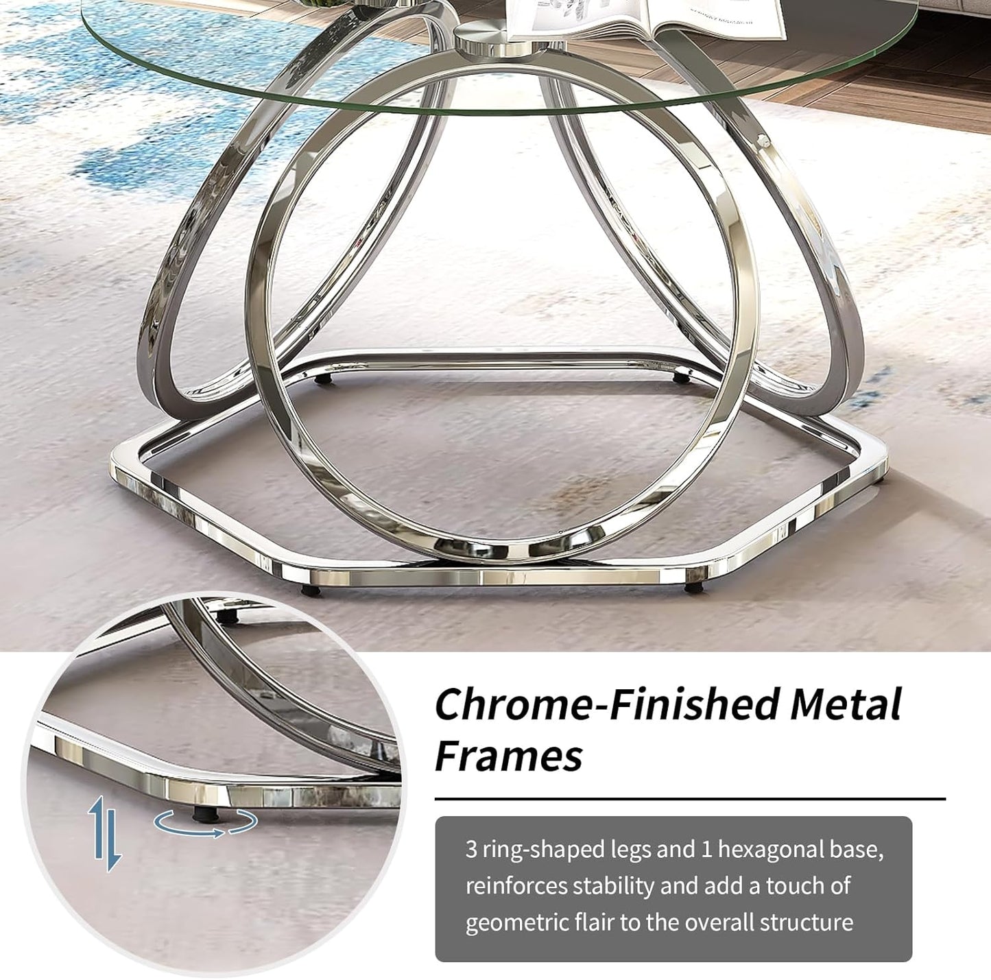 O&K FURNITURE Glass Coffee Table, Modern Silver Coffee Table Living Room Table with Hexagonal Base, Round Coffee Table for Home&Office, Chrome Finish, 1 PC