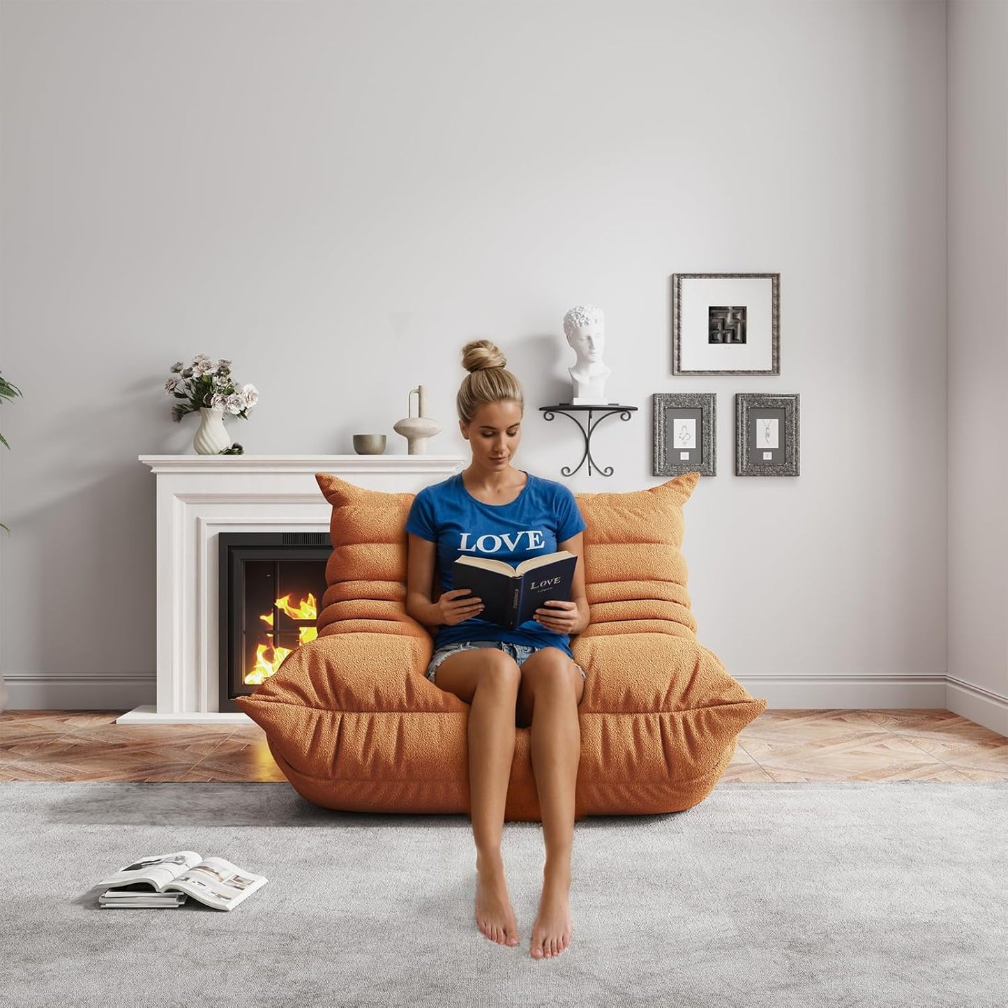 Bean Bag Chairs for Adults, BeanBag Reading Chair Memory Foam Couch, Floor Chair Soft Teddy Material, Comfy Reading Nook Chairs for Bedroom Living Room Office (Orange)