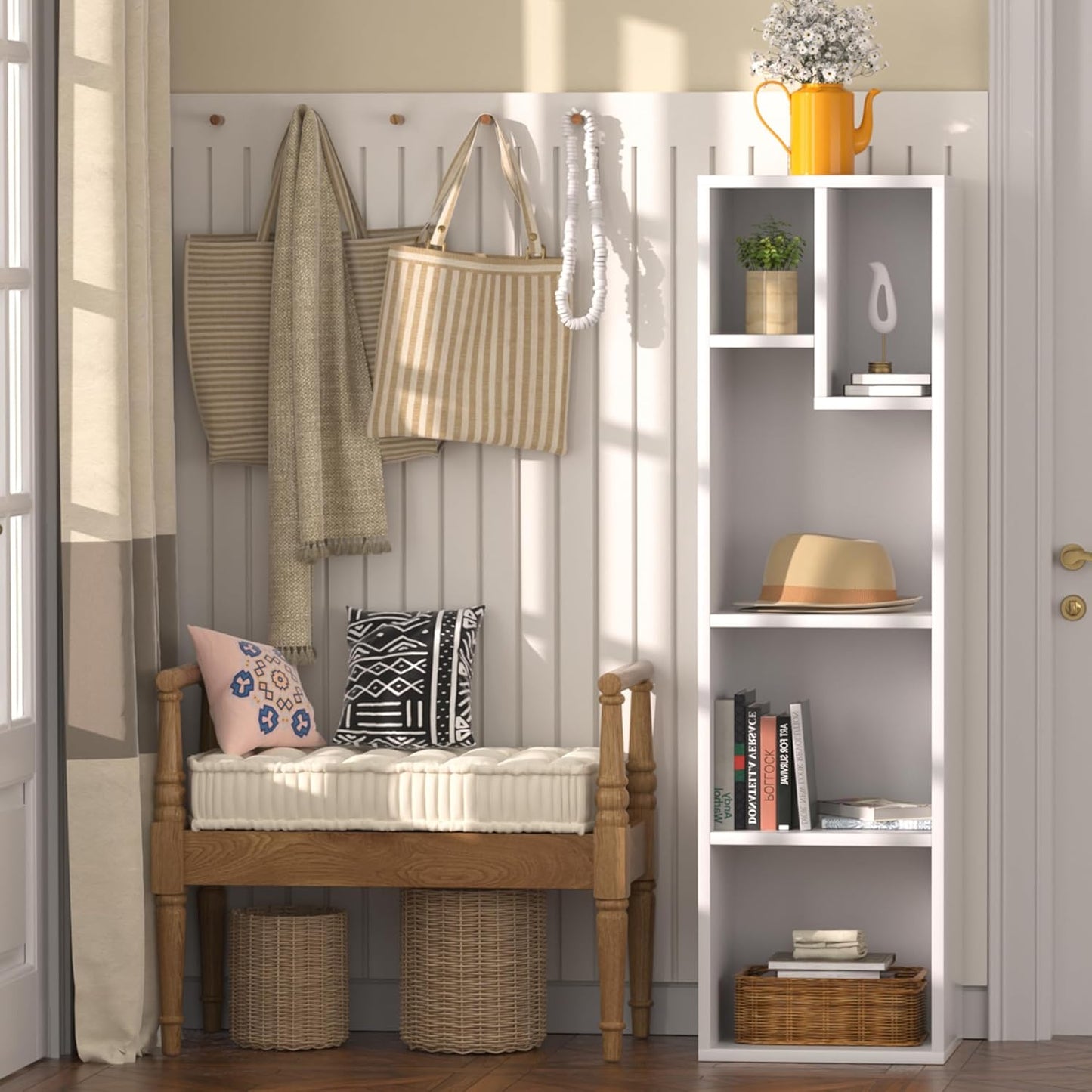 VECELO Small White Bookshelf, 5 Cube Slim Bookcase, Fits Tallest Hardcovers, Horizontal Available, Modern Floor Standing Unit, Each Shelf Hold Up to 66 LBS,Pearl White