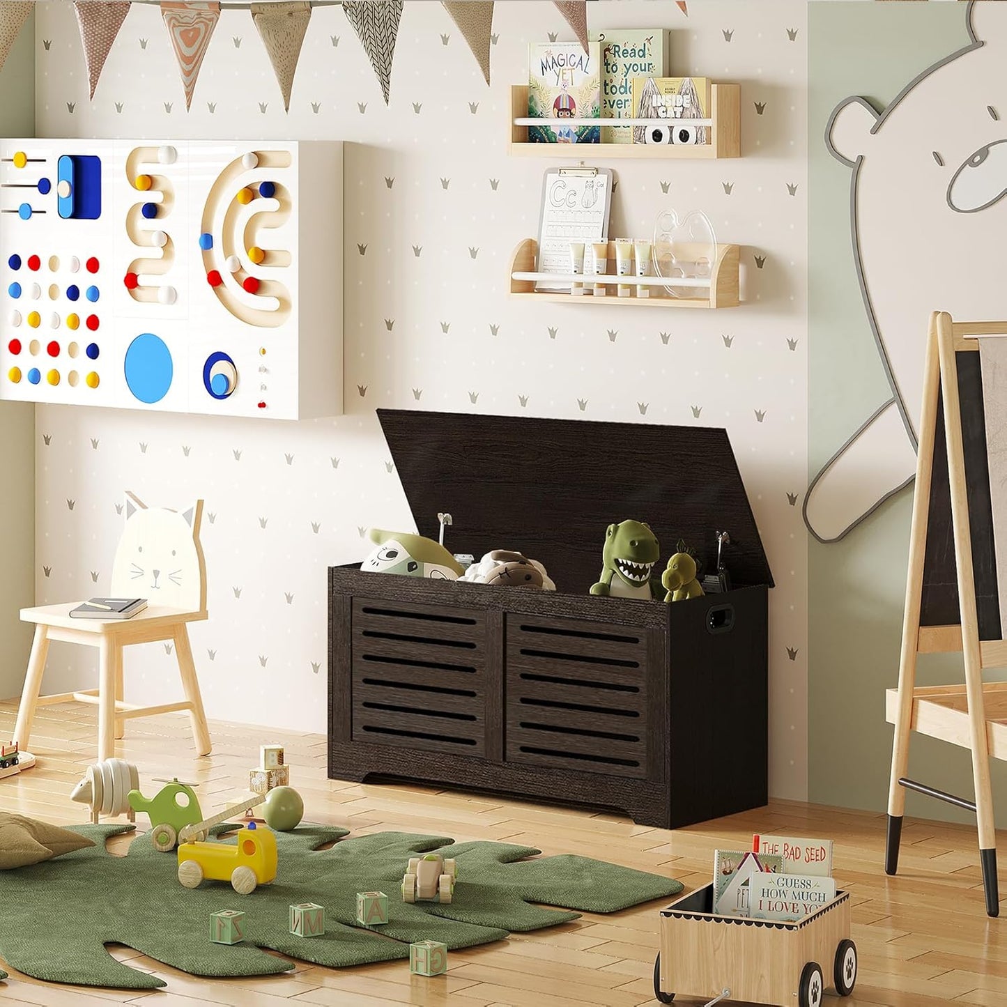 DINZI LVJ Storage Chest, Flip-Top Wooden Toy Box with 2 Safety Hinges, Entryway Shoe Storage Bench, Sturdy Large Storage Trunk for Living Room, Bedroom, Easy Assembly, Espresso