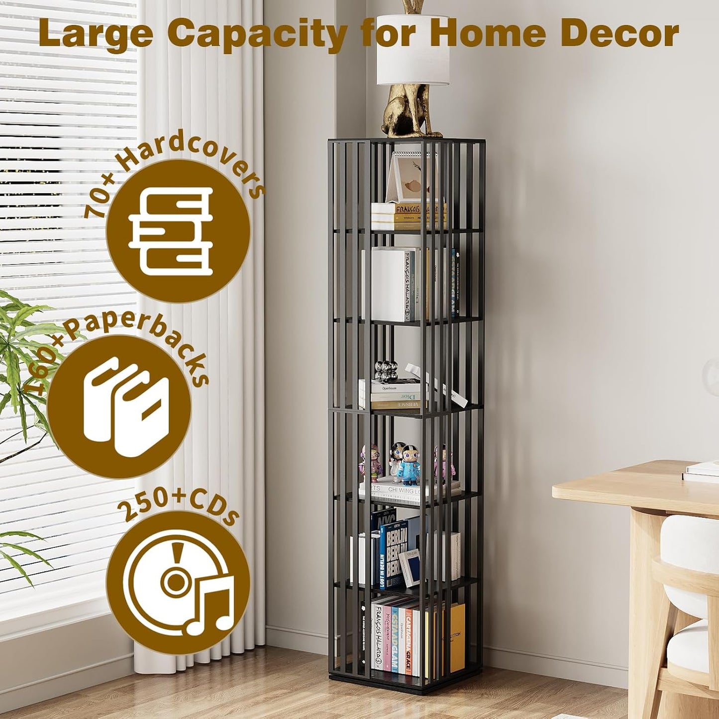 6 Tier Rotating Bookshelf, 360° Spinning Narrow Bookcase Tower, Space Saving Floor Standing Wood Shelf & CD Organizer for Small Spaces, Bedroom, Living Room, Office (Black, 6-Tier)
