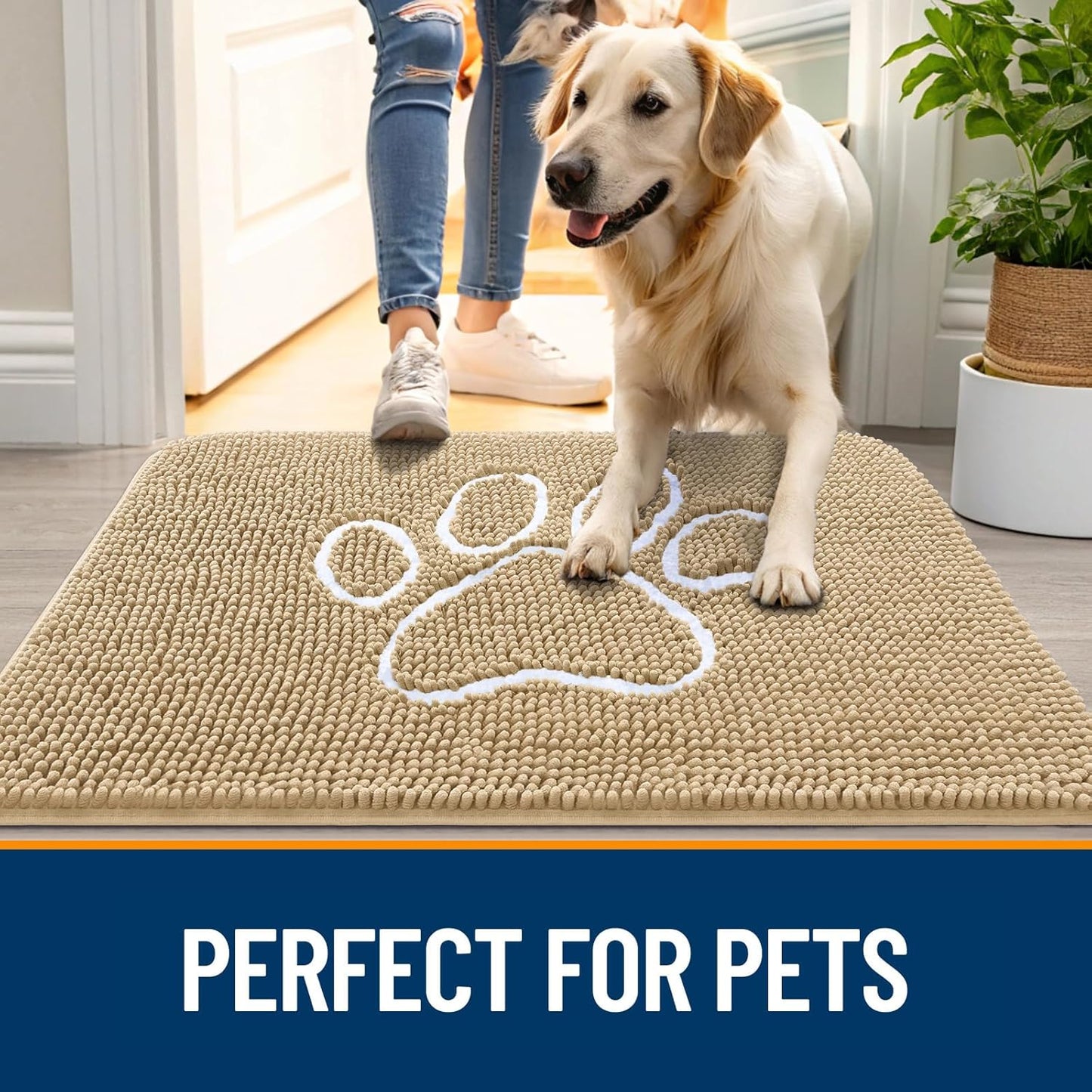 OLANLY Door Mat for Muddy Dog Paws 36x24, Ultra Absorbent Chenille Mud Doormat with Paw Print Design, Non-Slip Washable Doormat for Indoor Entryway, Quick-Dry Pet Bed Mats for Dirty Dogs, Beige