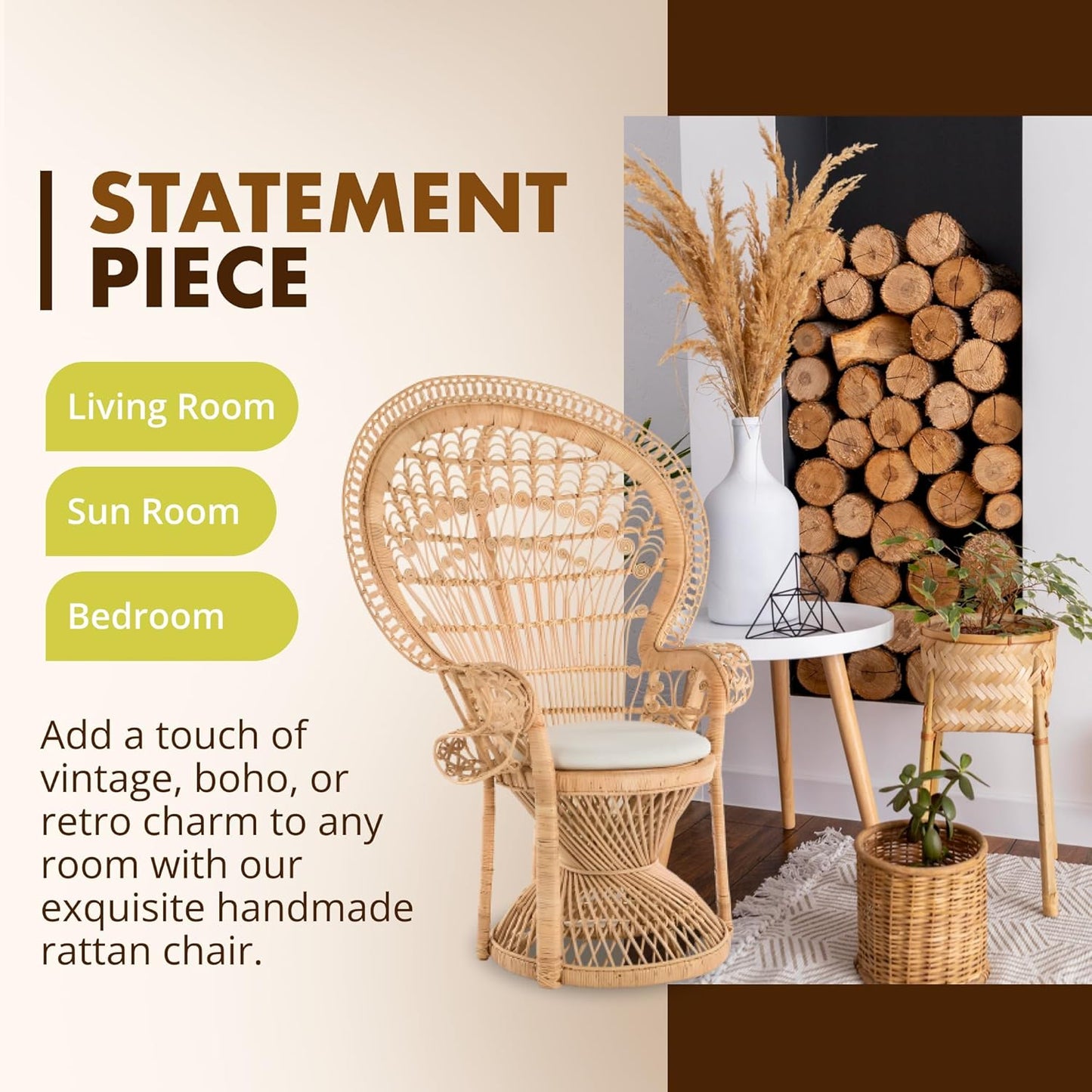 KOUBOO Peacock Grand Peacock Chair, Rattan Chair, Handmade, Accent Chair, Vintage, Retro, Boho, Furniture, Sunroom, Natural