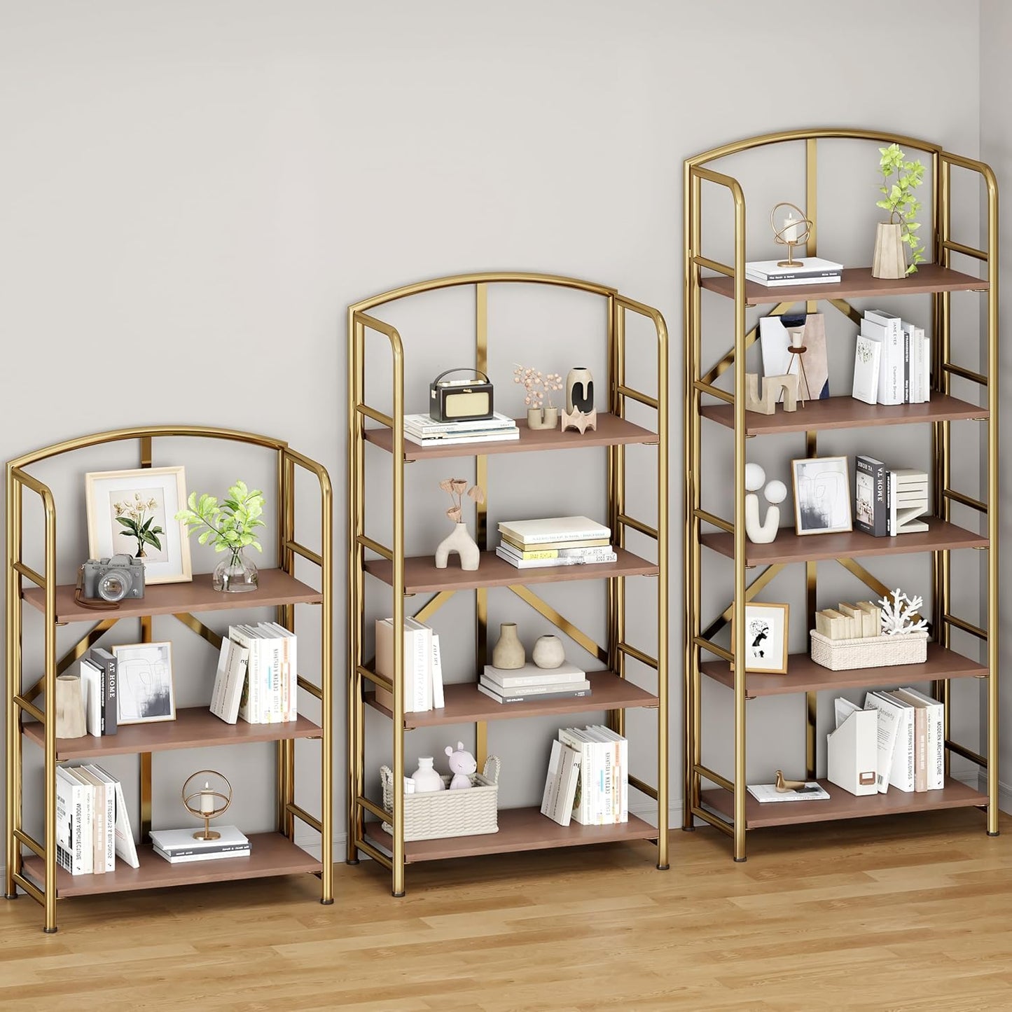 No-Assembly Folding Gold Bookshelf Storage Shelves 5 Tiers Vintage Multifunctional Plant Flower Stand Storage Rack Shelves Bookcase for Home Office