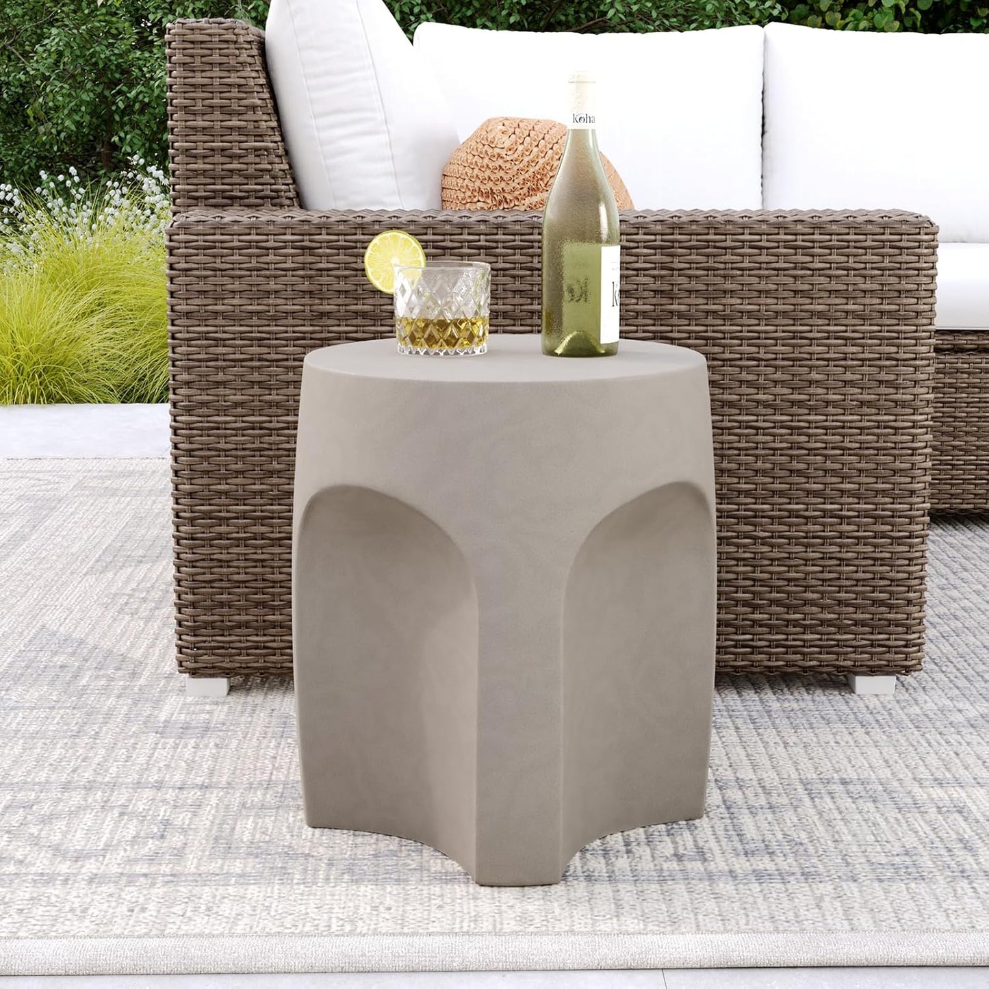 COSIEST Set of 2 Concrete Side Table Drum Shape, 2 Pieces Outdoor Side Table, Patio Accent Cement End Tables, Garden Decorative Stool, Plant Stand Drum Table, Grey