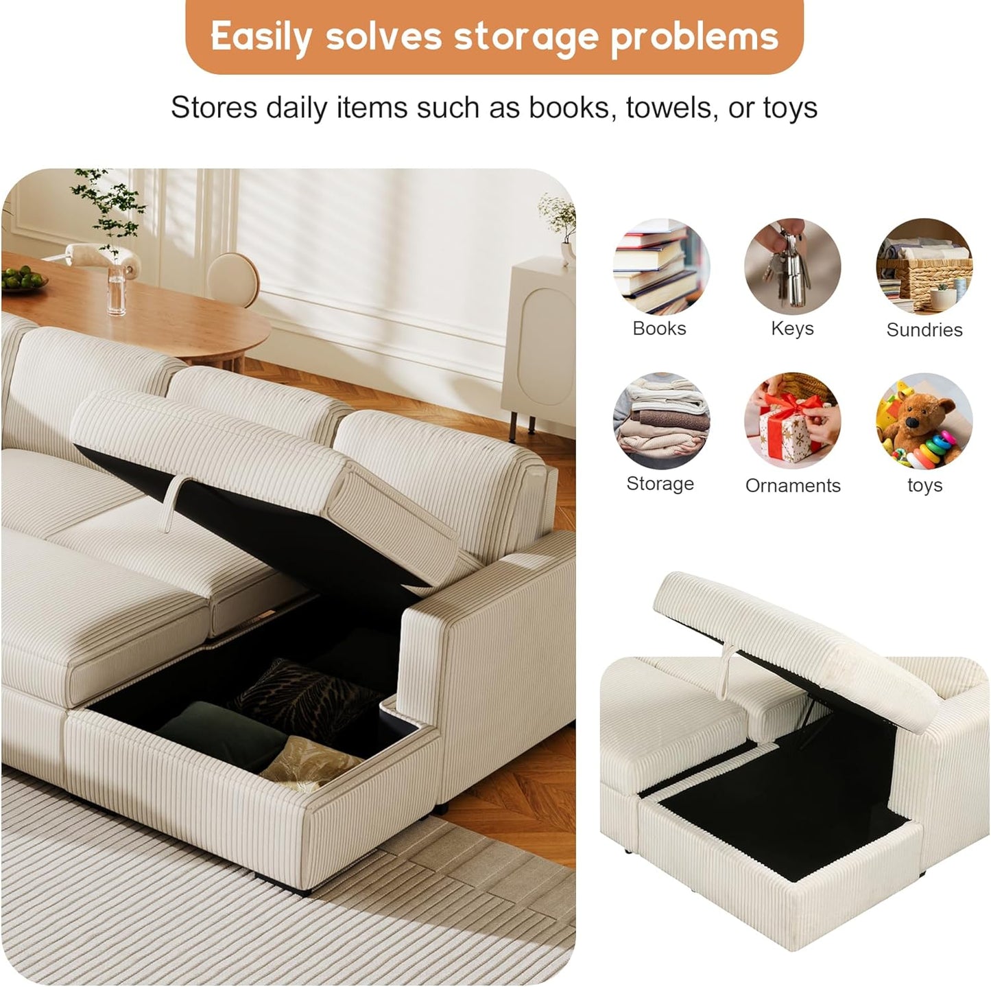 115.6 Inch U-Shaped Modular Sectional Sofa with Pull Out Bed, Storage Chaise and USB interfaces, Oversized Upholstered Combination Corner Couch for Living Room, Office, Spacious Space, Beige