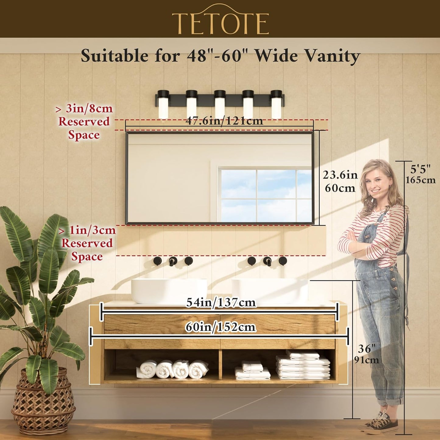 TETOTE Black Bathroom Vanity Mirror Beveled Frame 48" x 24" Black Rectangle Metal Framed Bathroom Wall Mirror for Over Sink, Tempered Glass, Modern Farmhouse Bedroom, Entryway, Living Room