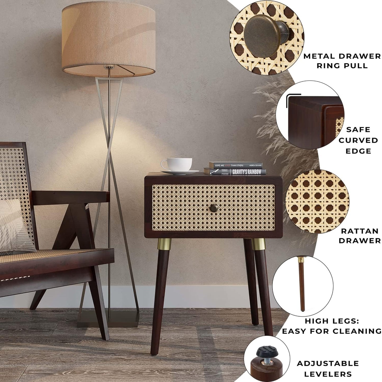 Bme Nipe Solid Wood and Rattan Nightstand, Fully Assembled, Woven Cane End Table, Bedside Table for Modern Bedroom, Boho Living Room with Tall Wood Legs Large Storage 1-Drawer, Walnut