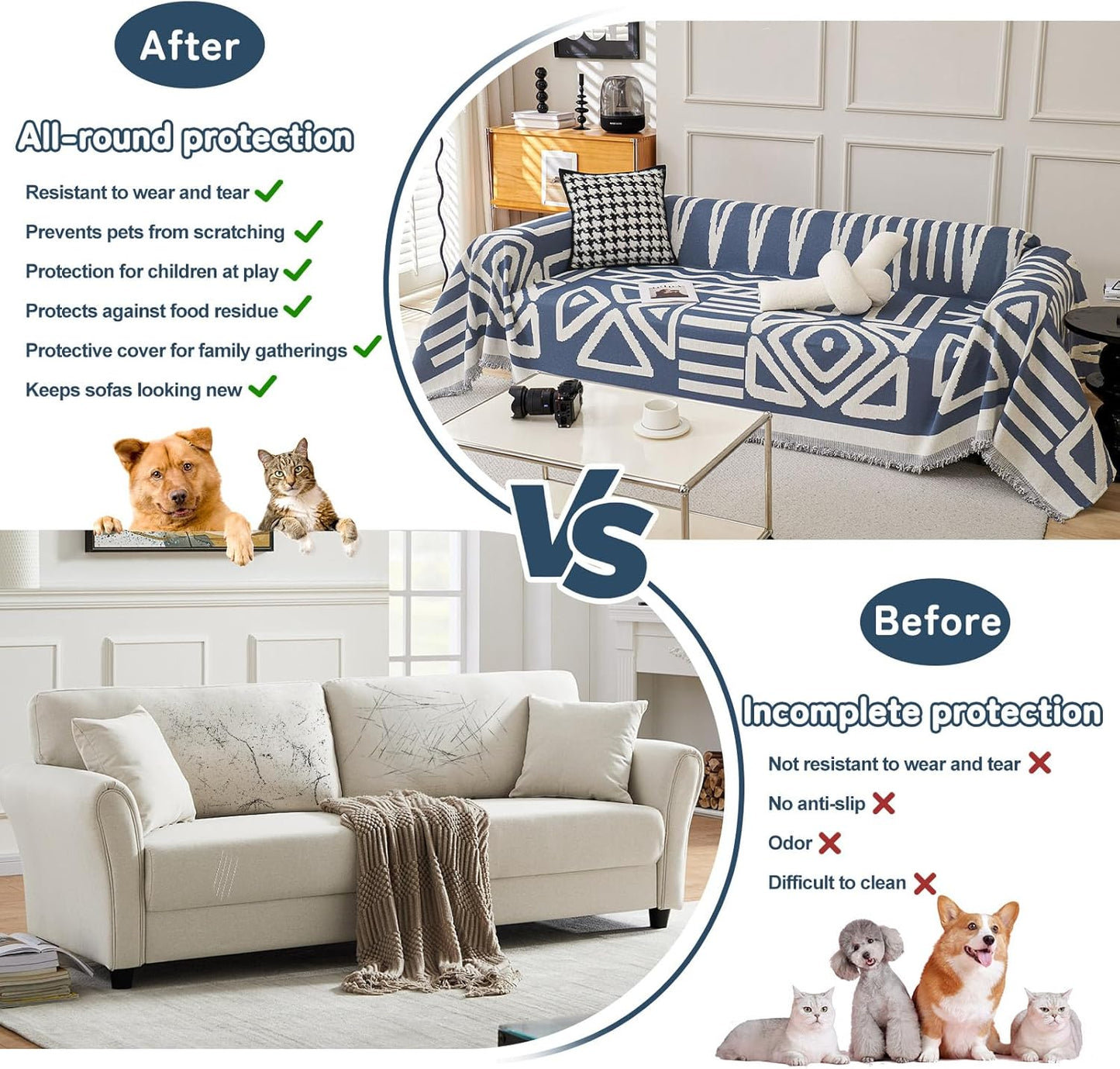 HANDONTIME Boho Chenille Sofa Cover - Denim Blue Geometric Reversible Blanket for L Shaped Couch - Sectional Protector for Dogs, 71" X 134"