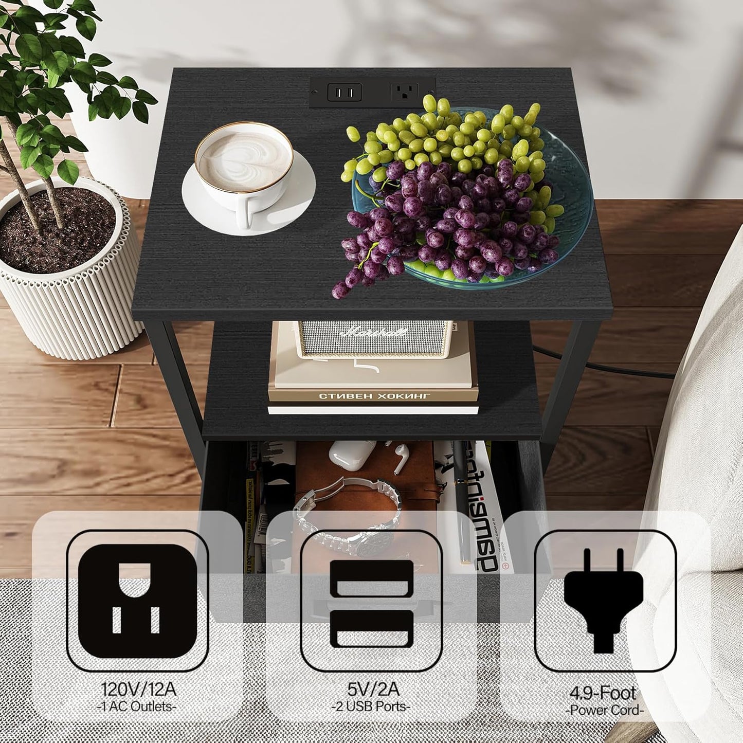 TUTOTAK End Table with Charging Station, Night Stand, Side Table with 2 USB Ports and Outlets, Nightstand with Cloth Drawer, Bedside Table for Livingroom, Bedroom Black TB01BK088