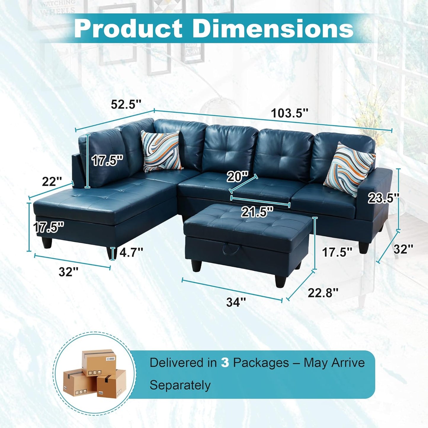103.5" Oversized Sectional Couch, L Shaped Couch with Storage Ottoman, Modern Modular Sofa with Deep Seat, Sectional Couches for Living Room and Office, Peacock Blue (PU Leather)