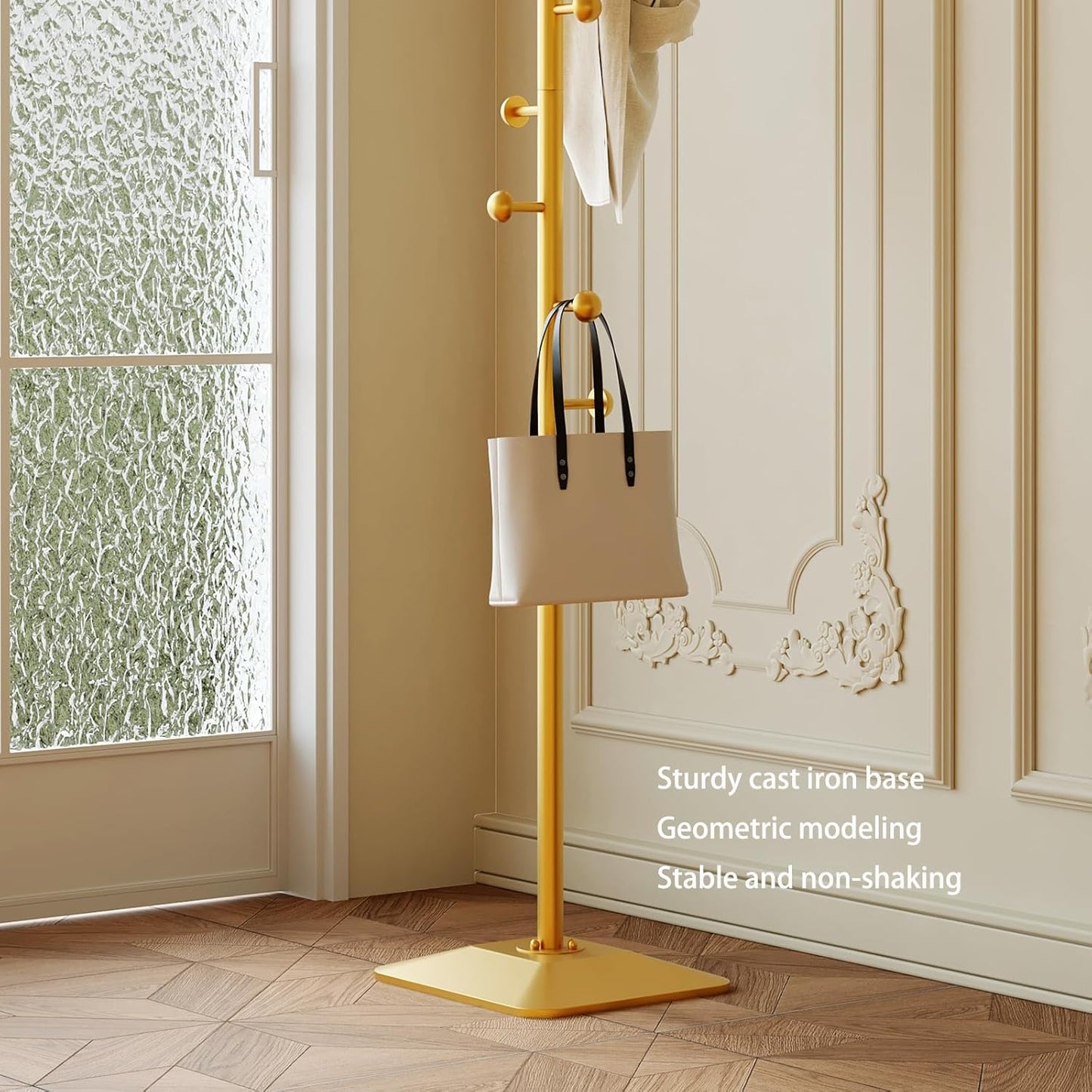 Gold coat rack,Metal coat hanger stand,Coat Tree freestanding Heavy duty with 8 Hooks and Cast iron base for coats,Hat,scarf,jacket,purse