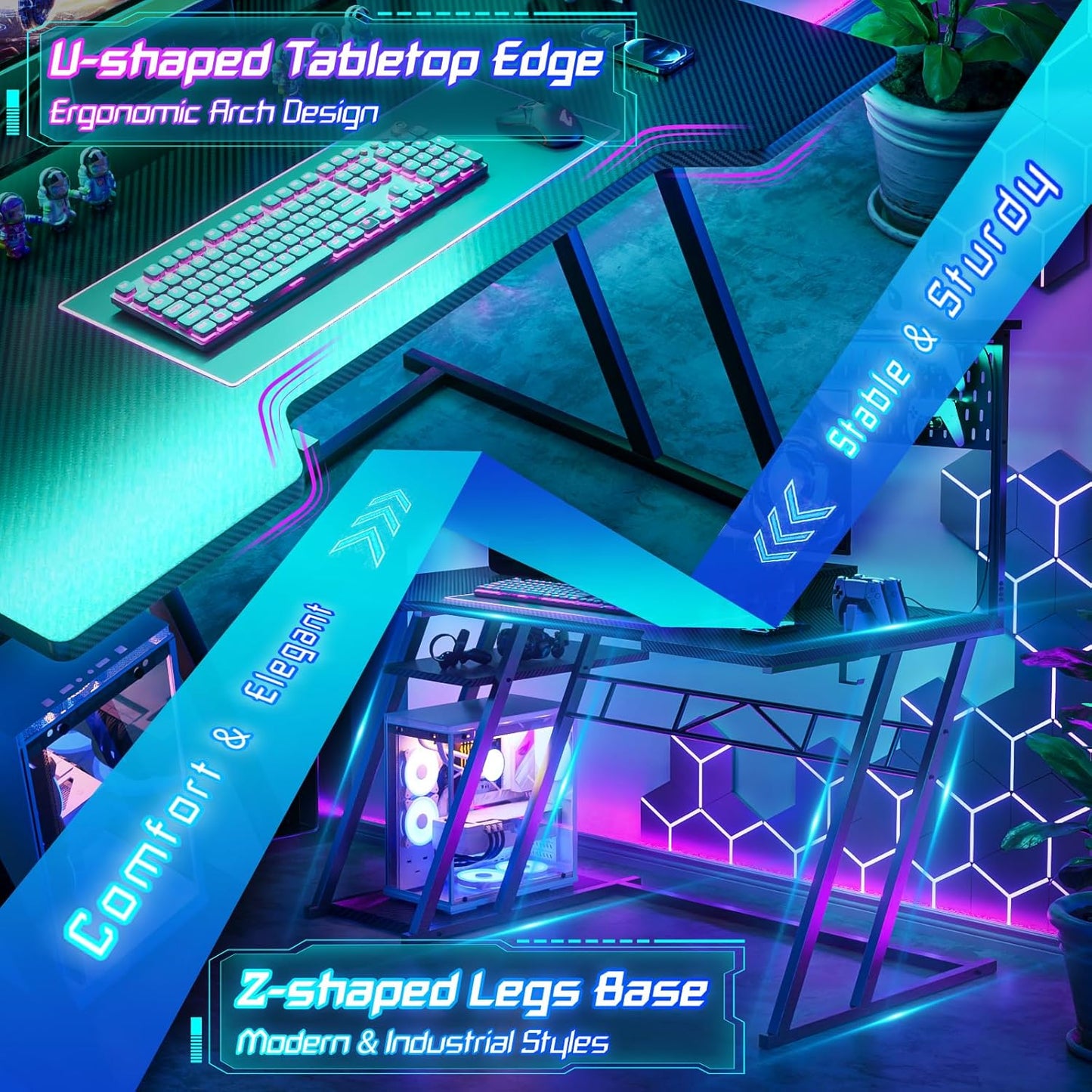 Gaming Computer Desk with Shelves and Outlets, Gaming Desk with Hutch and LED Lights, Reversible PC Gaming Desks with Pegboard, Carbon Fiber Black 47''