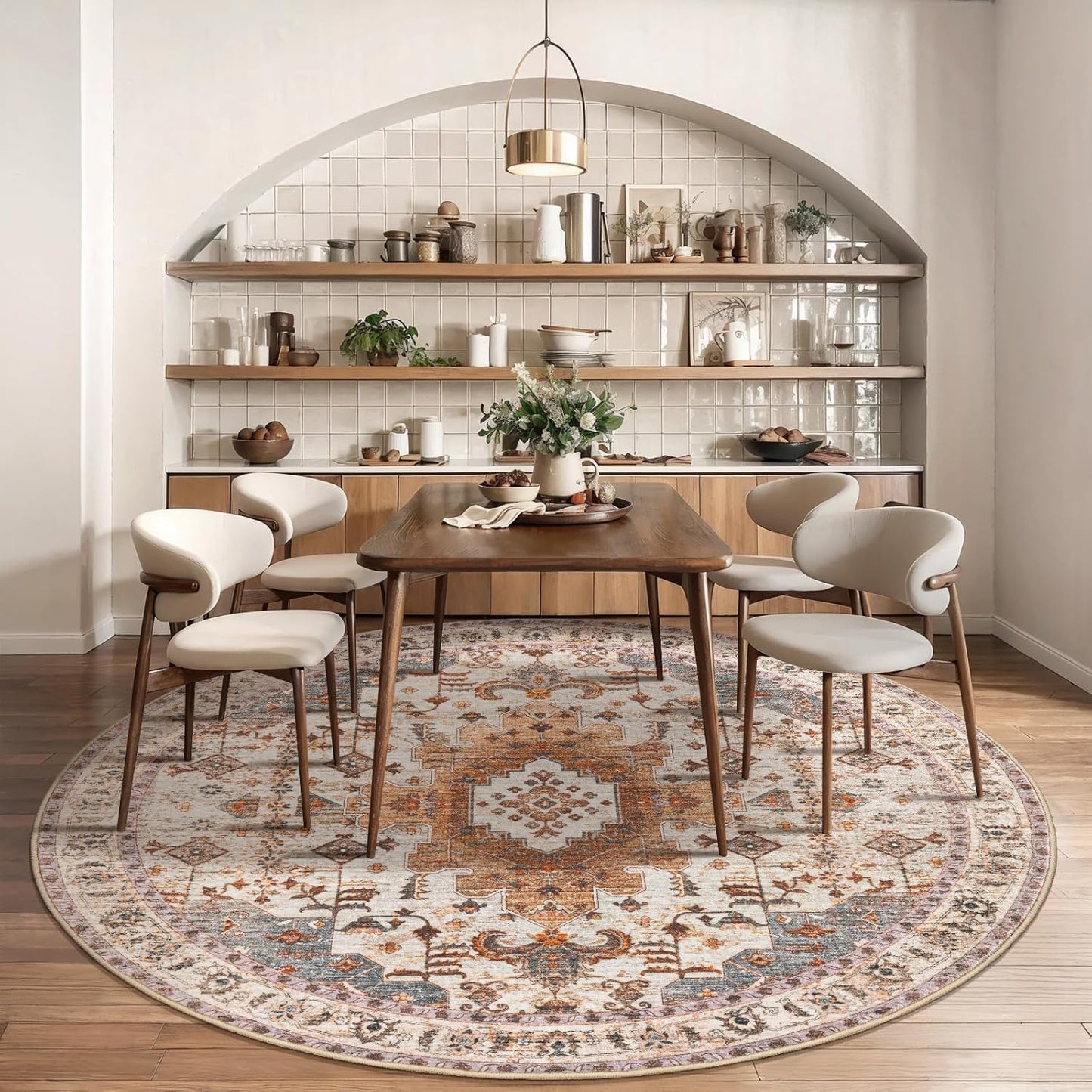 Tangsoo Vintage Round Rug 6ft, Washable Circle Rug, Non Slip Boho Round Area Rug,Low Pile Circular Rugs,Large Round Rugs Carpet for Livingroom,Bedroom,Nursery,Dorm,Office,Turmeric