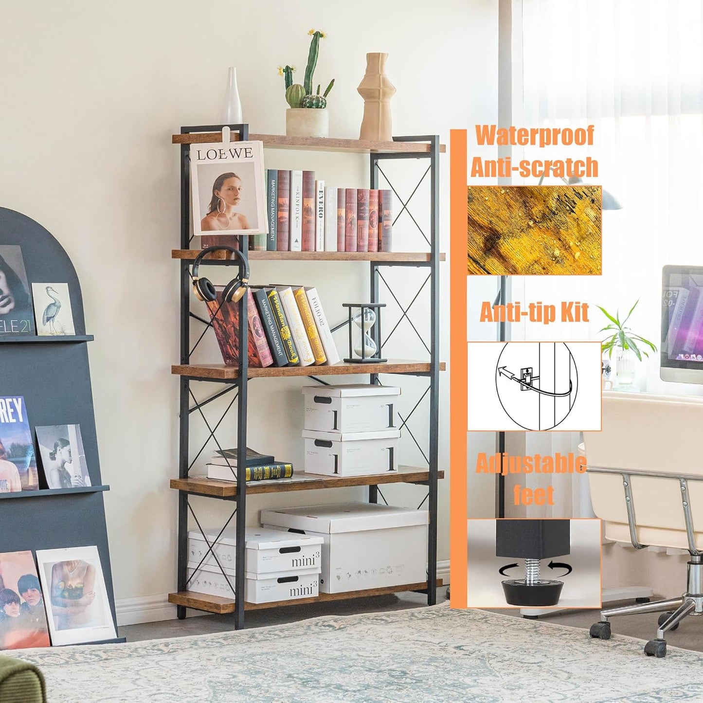 Bookshelf, 5 Tier Book Shelf, Industrial Tall Bookcase for Living Room, Home Office and Kitchen