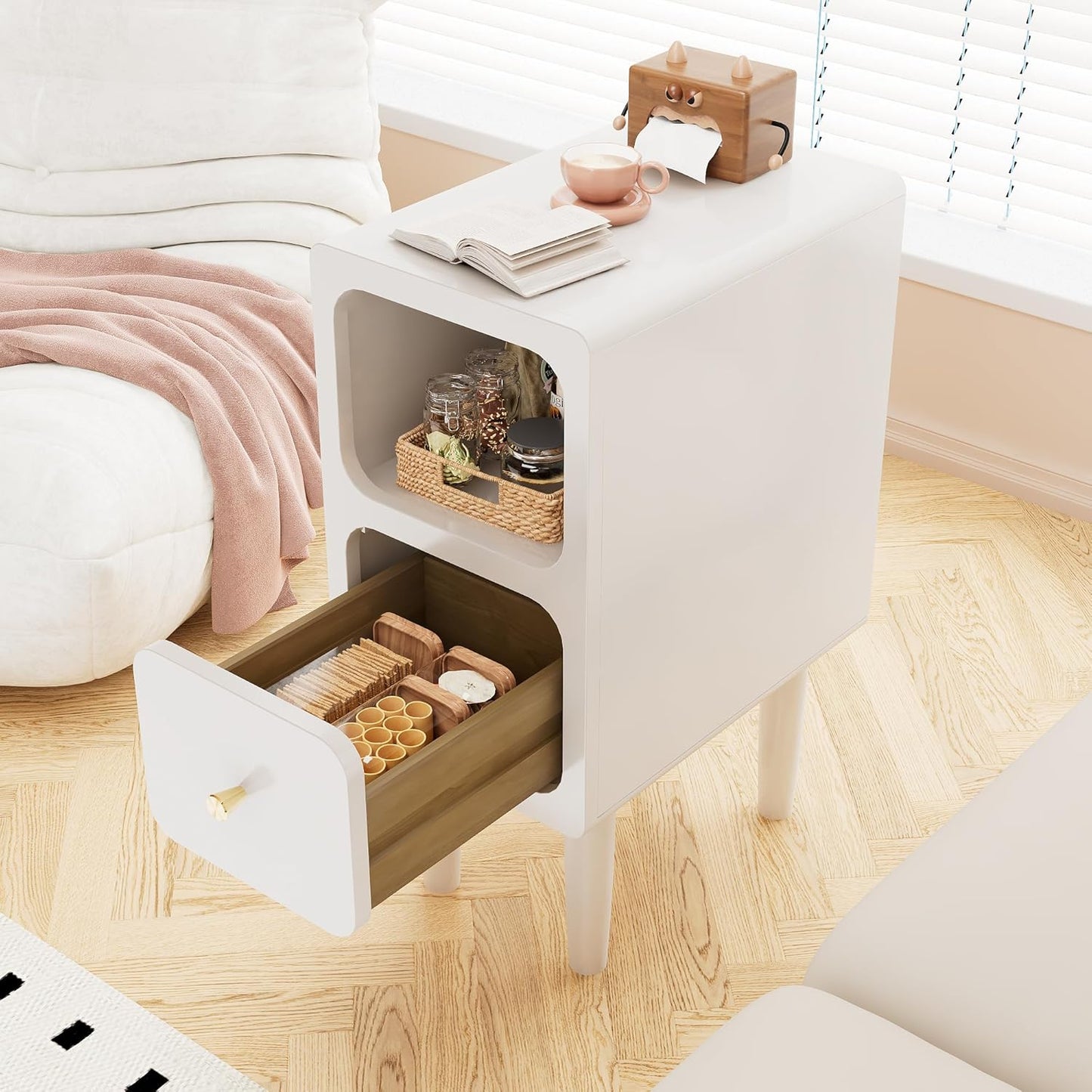 Narrow Nightstand, Solid Wood Night Stand with Drawers, White Mid Century Modern Nightstand, Small Beside Table with Open Storage Shelf for Bedroom (10 inch)