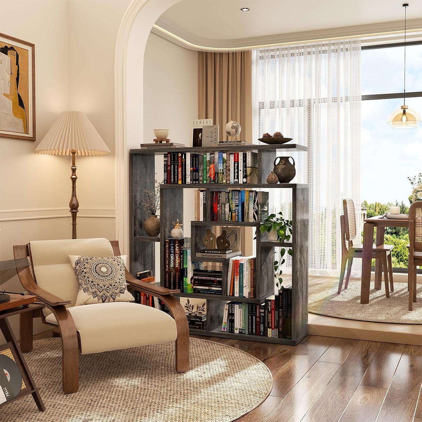 armocity 6 Tier Display Book Shelf Wall Mounted Bookshelf Freestanding Geometric Bookcase Floating Book Shelves for Wall Bedroom Living Room Home Office, 45.5"(W) * 47"(H), Grey Oak