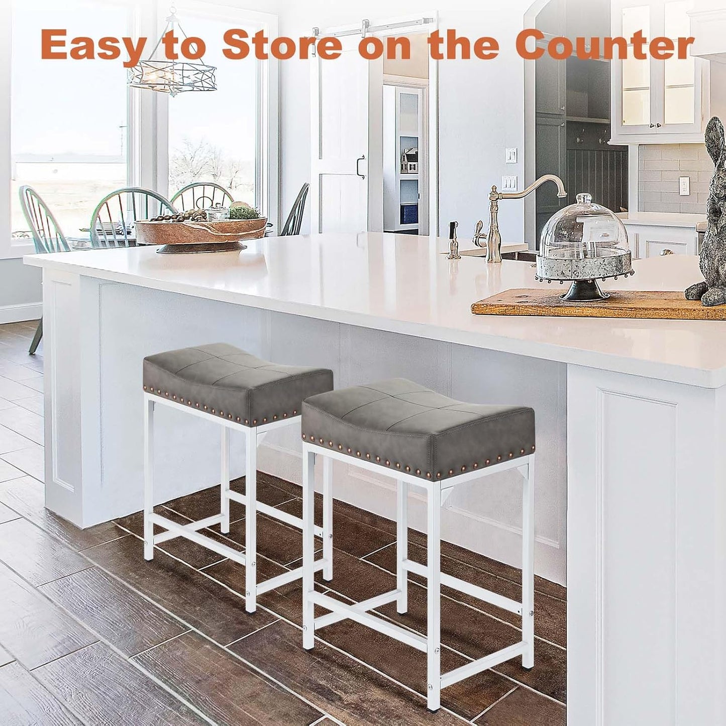 Bar Stools Set of 2, Counter Height Bar Stools with Thick Saddle Cushion and Barstools Metal Frame, 24" Modern Saddle Stool for Bar, Stool for Kitchen Counter Island Pub (Grey+White)