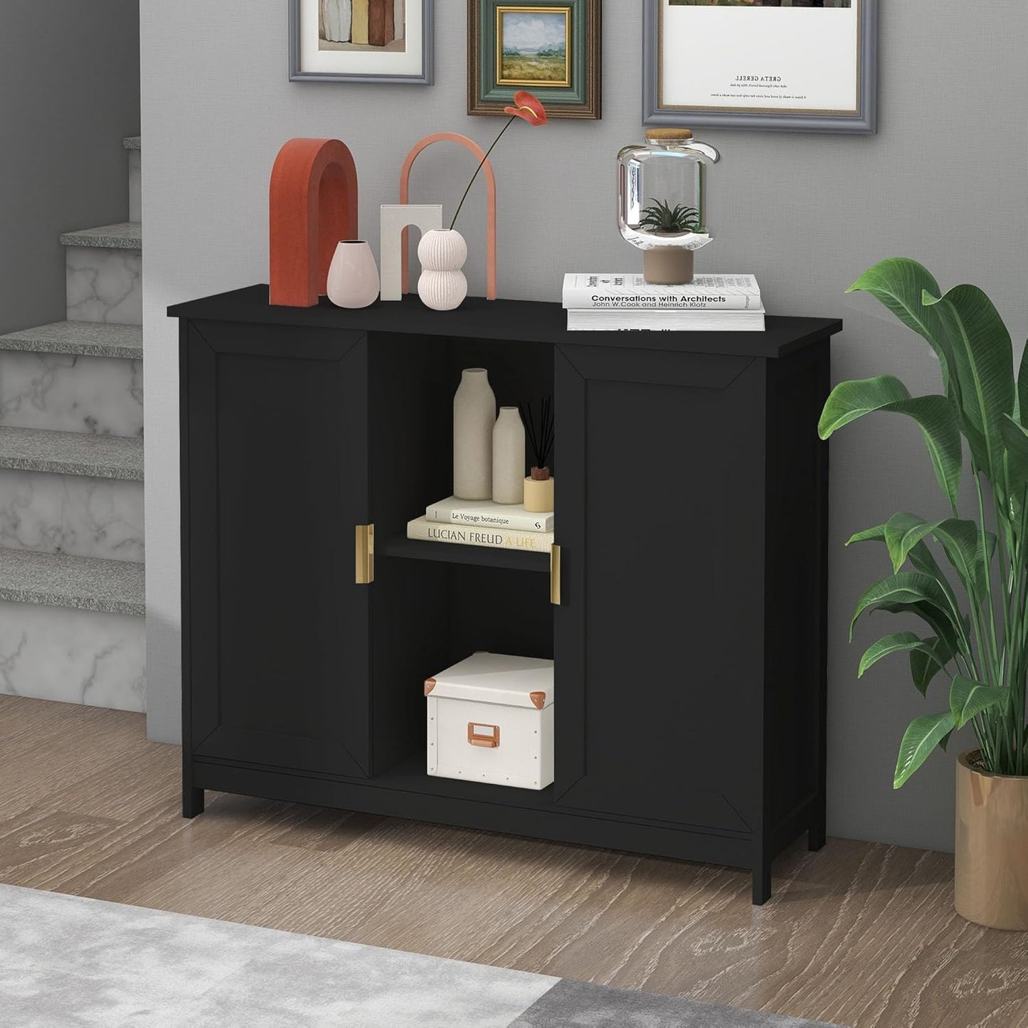 TaoHFE Black Buffet Cabinet,Modern Narrow Sideboard Buffet Cabinet Wooden Side Table with Storage,Black Accent Cabinets for Living Room