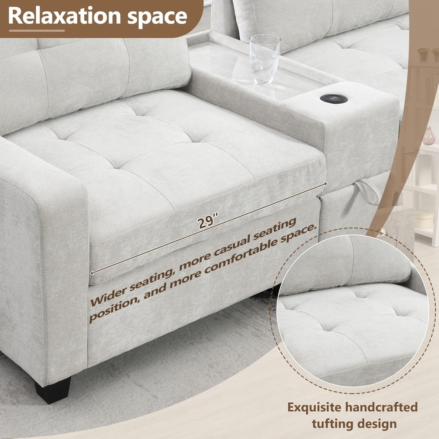 Merax 104 * 104" Chenille Sectional Couches with 2 Acrylic Consoles, Upholstered Modular Tufted Sofa Chaise with Ottoman, Storage Drawers, Pockets, USB Charger & Cup Holders for Living Room Apartment