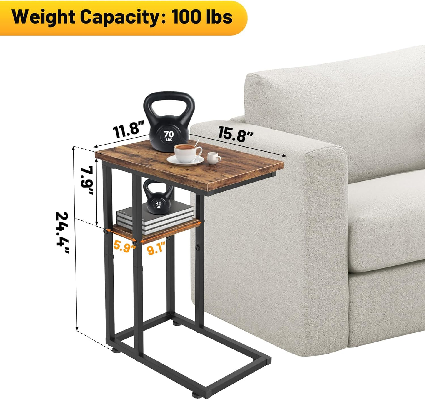 C Shaped End Table with Metal Frame, 2 Tier Sturdy C Table Side Table for Couch Sofa Bedside Small Space, C Snack Table TV Tray Record Player Stand Small Tables for Living Room Bedroom, Rustic Brown