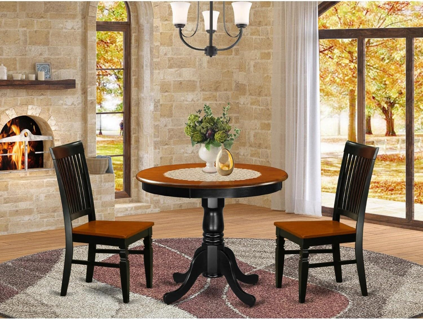 East West Furniture ANWE3-BCH-W 3 Piece Dining Set Contains a Round Dining Room Table with Pedestal and 2 Wood Seat Chairs, 36x36 Inch, Black & Cherry