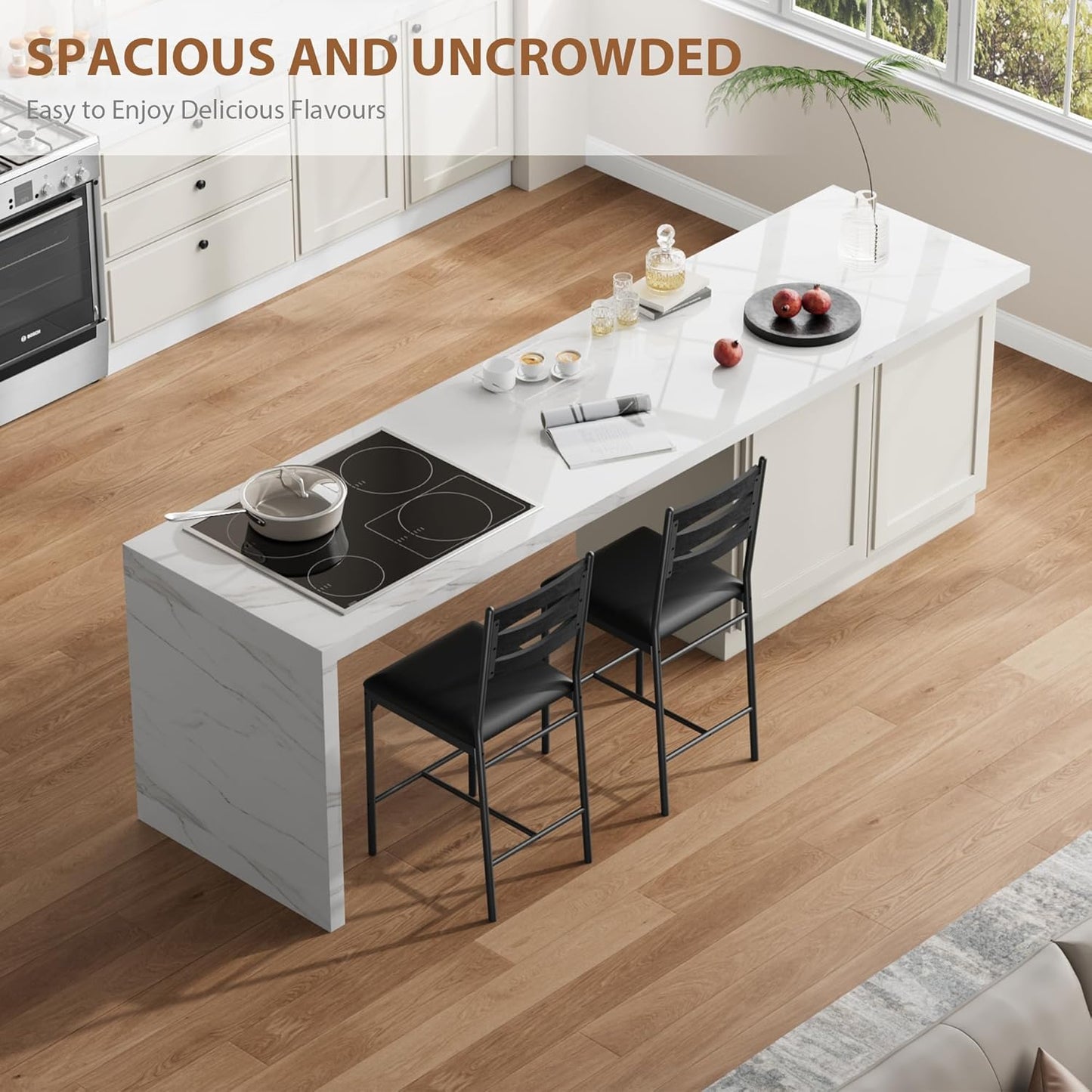 GarveeHome Bar Stools Set of 2, Wooden Barstools, Faux Leather Upholstered Bar Chair with Back & Footrest & Thick Cushion, Counter Height Bar Stools for Kitchen Island Apartment, Black