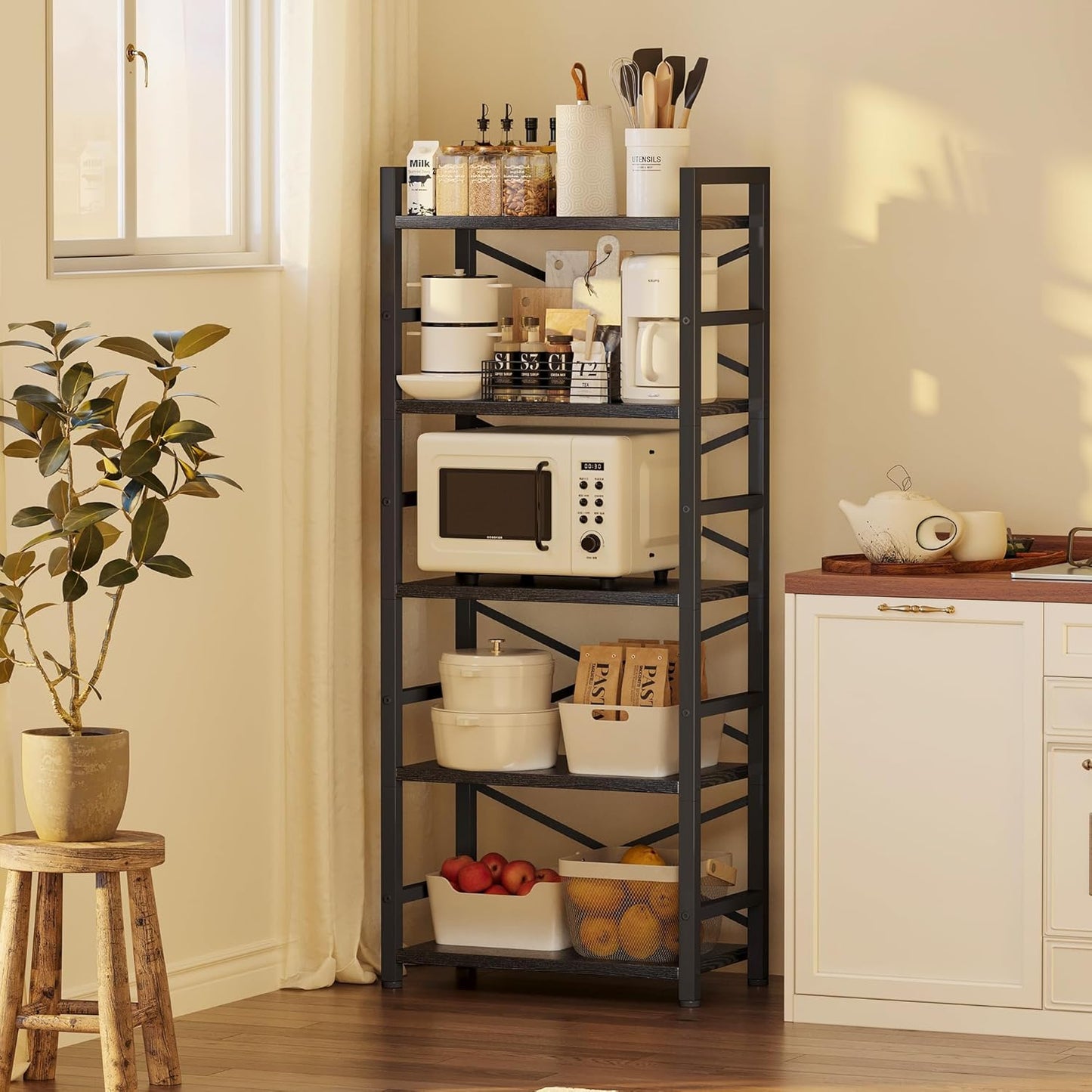 Homeiju Organization and Storage,Tall Bookcase with Shelves, Wood and Metal Book Shelf Storage Organizer, Industrial Display Standing Shelf Unit for Bedroom, Living Room, Black