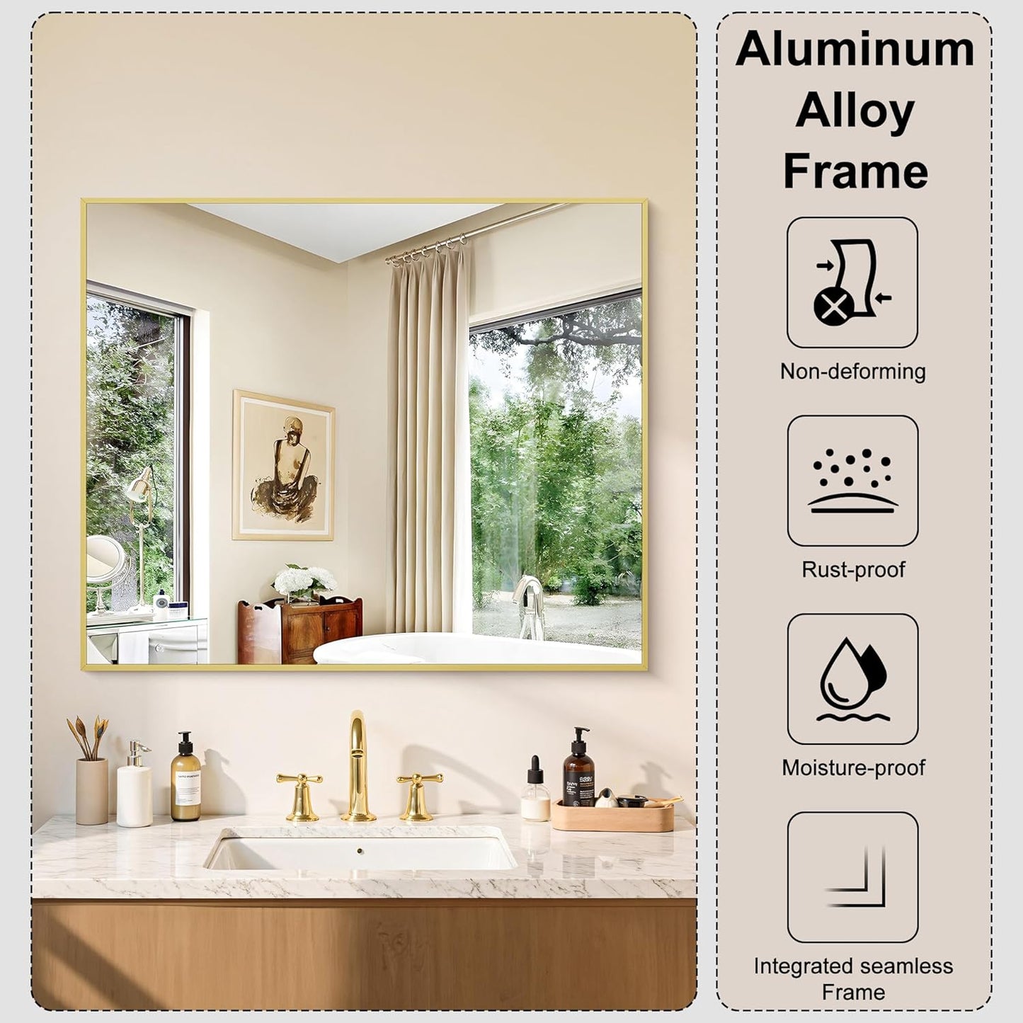 KOCUUY Gold Bathroom Mirror, 30"x36" Rectangle Bathroom Mirror for Wall, HD Tempered Glass, Anti-Rust Frame, Modern Design for Bathroom, Bedroom, Living Room, Entryway