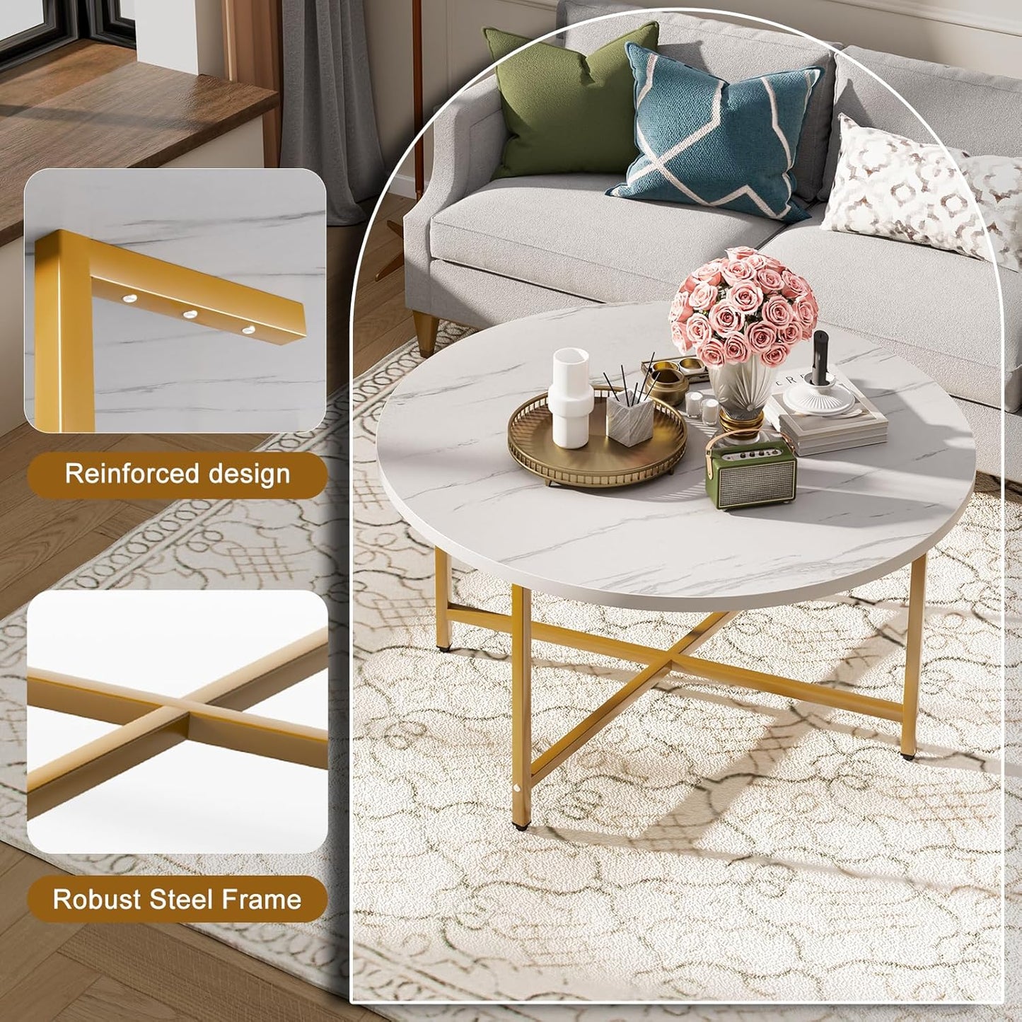 Round Coffee Table, 31.5" Circle Coffee Table, Coffee Tables Living Room, Gold Coffee Table Round for Indoor & Outdoor Use, Office, Patio or Garden, Large White & Gold (31.5" D x 17.7" H)