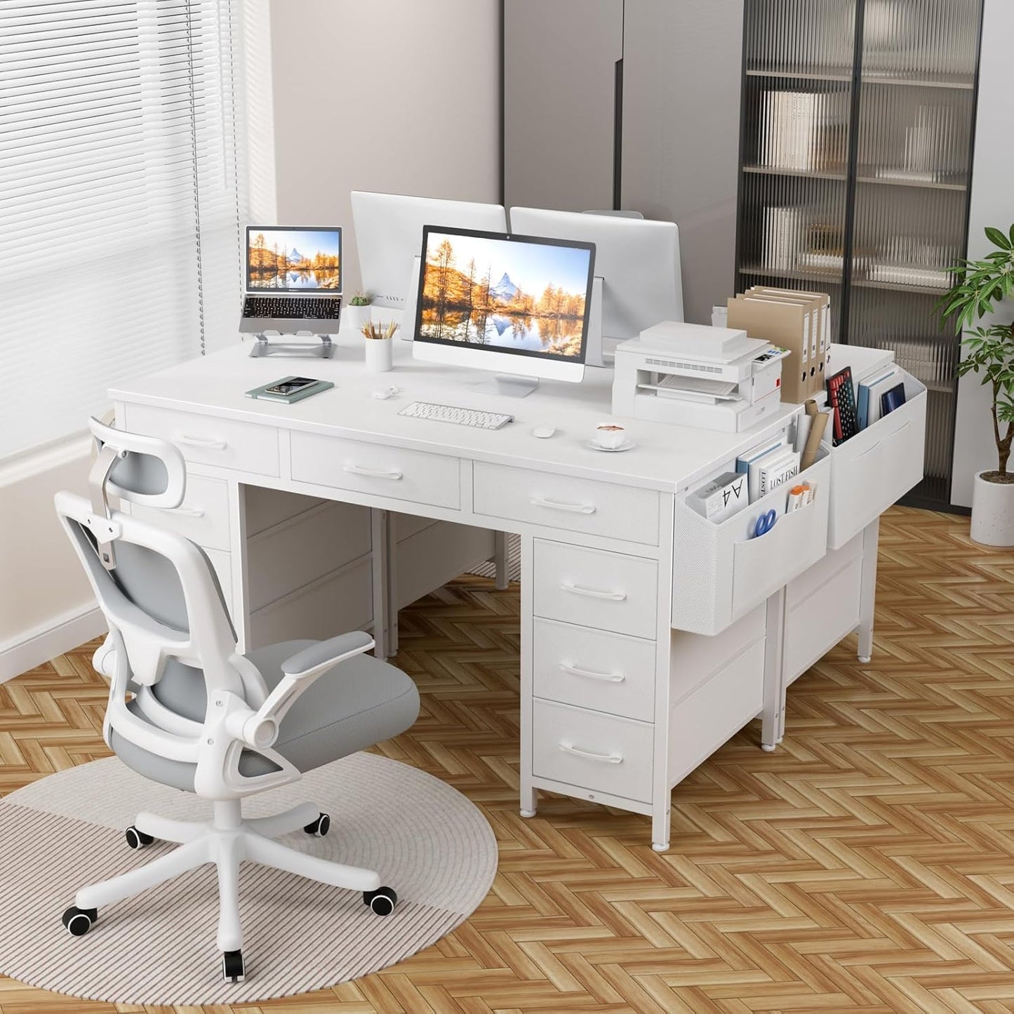 Lufeiya 47 Inch Computer Desk with 9 Drawers, Office Desk Work Desk for Home Office, Study, Writing, Vanity Desk with Fabric Drawers on Both Sides, Large Storage, White