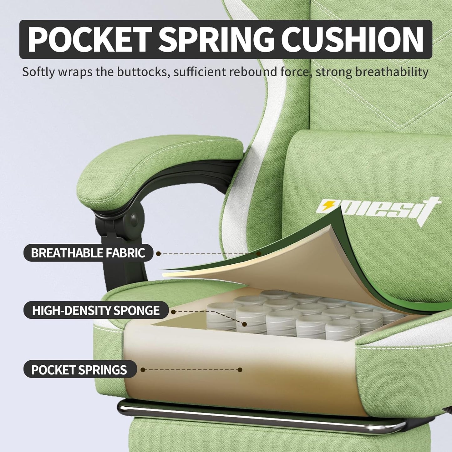 Gaming Chair,Fabric Computer Chair with Pocket Spring Cushion,400 lb Load Capacity,Ergonomic Office Chair with Footrest,Height Adjustable Video Gamer Chair with Lumbar Support (Green)