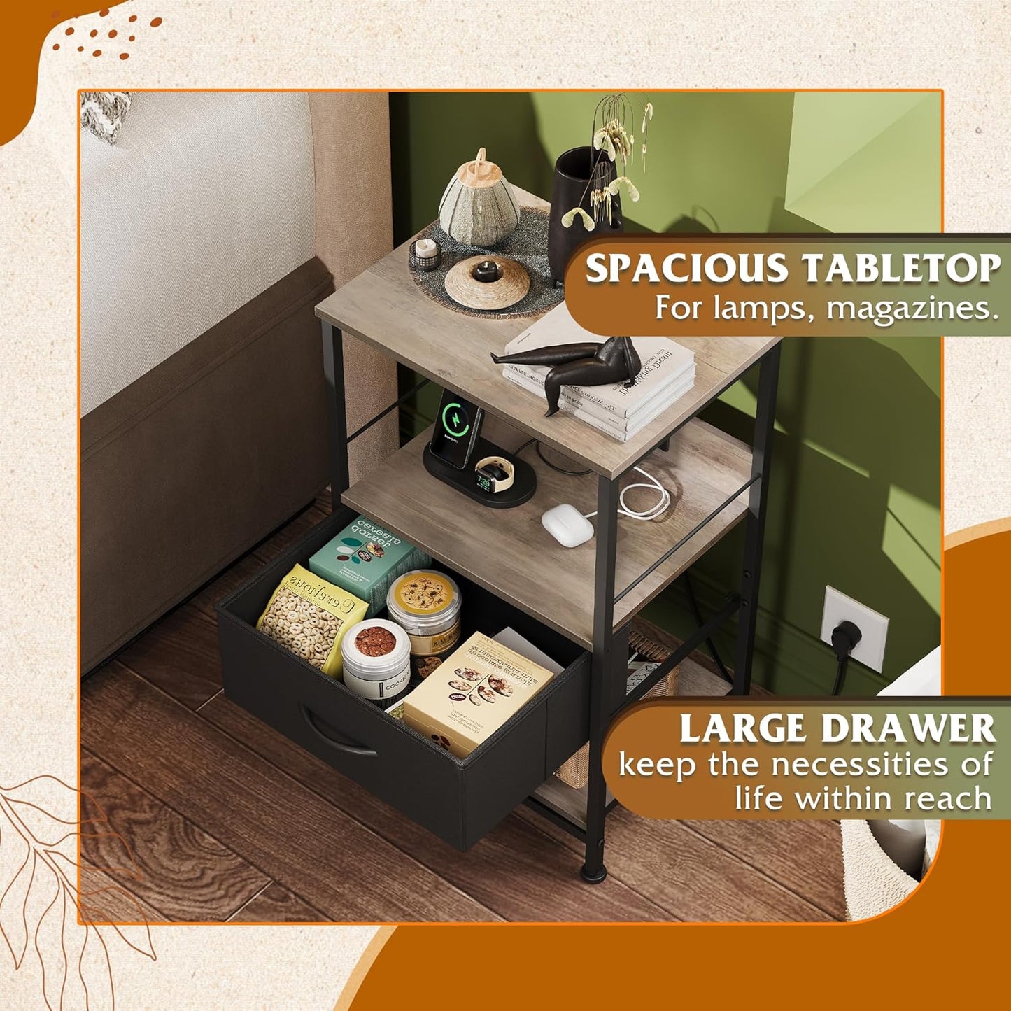 WLIVE LED Nightstand, Night Stand with Charger Station, Bedside Table with Fabric Drawer and Adjustable Open Shelves, Small End Side Tables for Bedroom, Grey