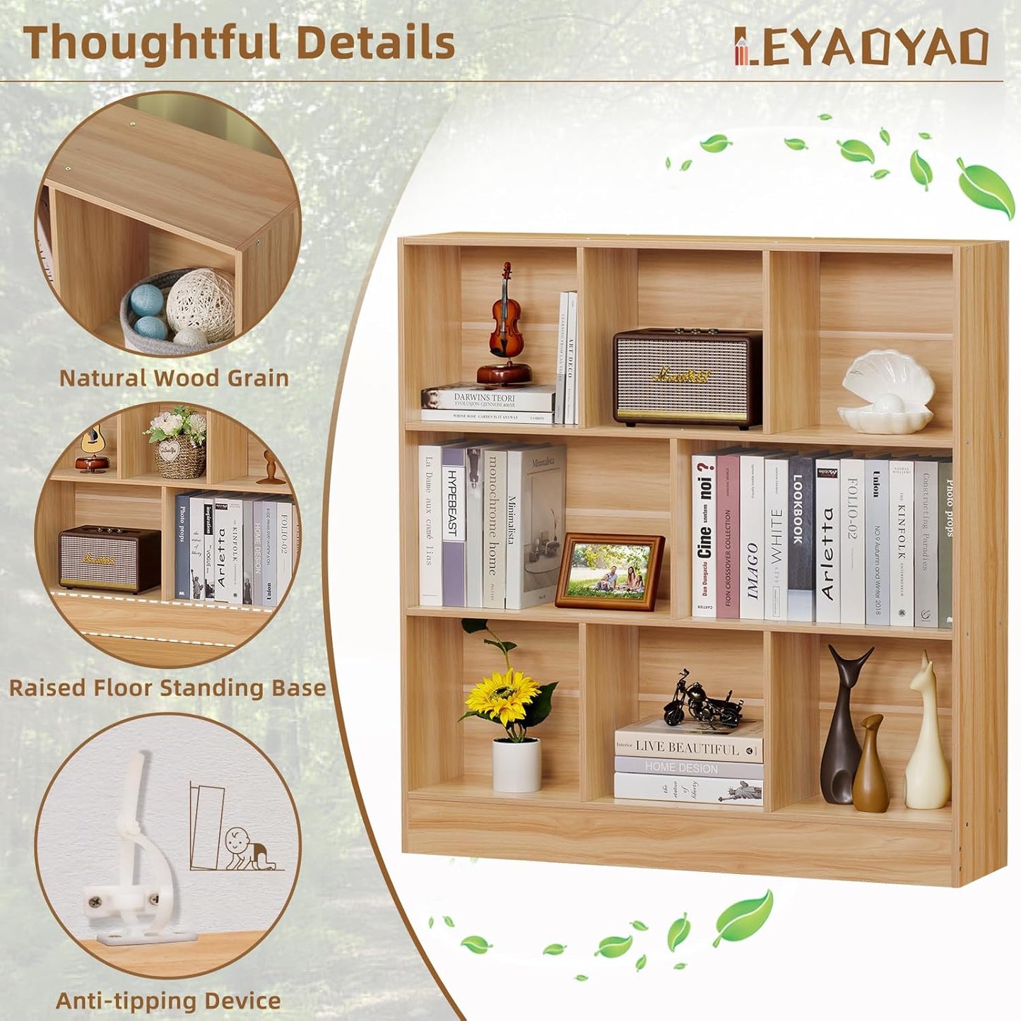 LEYAOYAO 8 Cube Bookshelf with Base,3 Tier Mid-Century Modern Natural Bookcase,Standing Wide Bookshelves Storage Organizer Shelf,Rustic Wood Display Cabinet Book Shelves for Bedroom,Living Room,Office