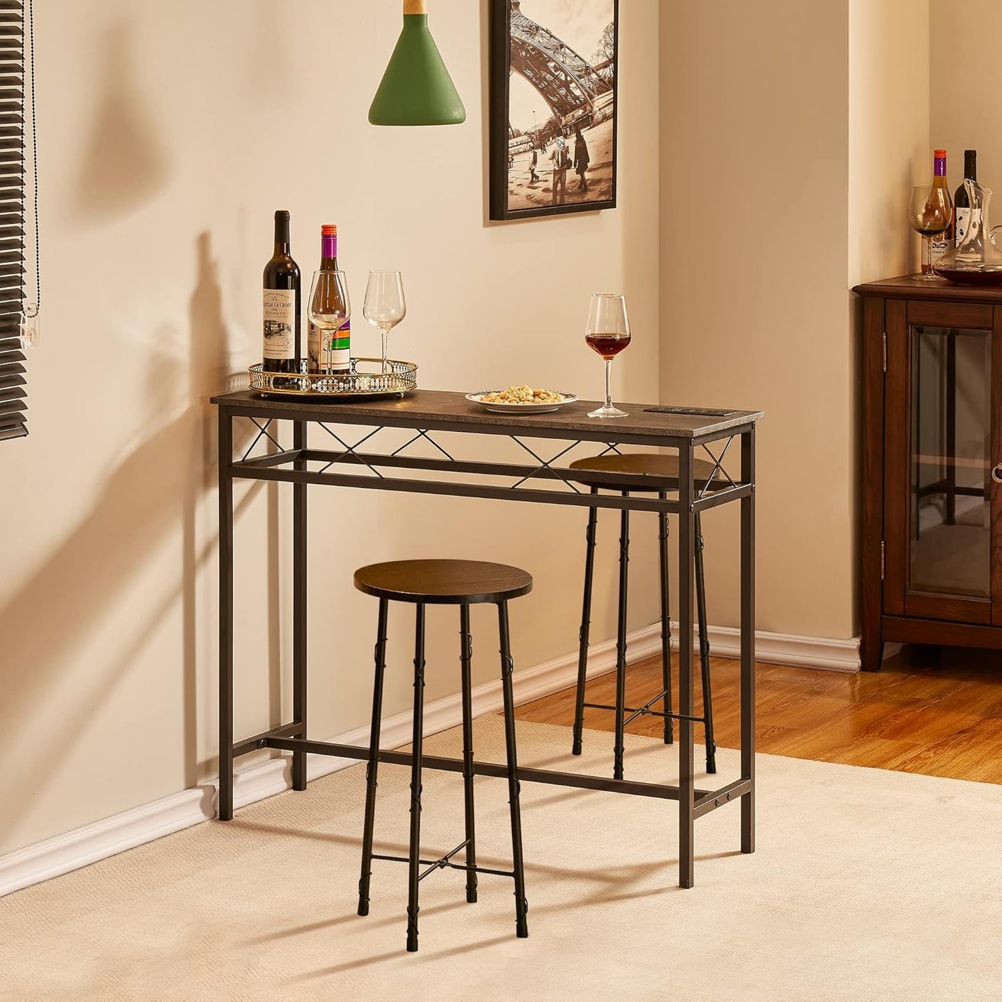 VECELO 39.4In Narrow Sofa/Console Table with Charging Station & Power Outlet and USB Ports, for Entryway, Living Room, Office, Industrial, Metal Frame, Grey