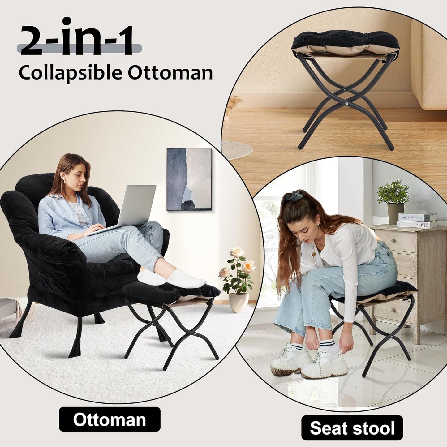 Fabric Lazy Chair with Ottoman, Oversized Upholstered Sofa Chair for Adults, Plush Comfy Lounge Chair with Large Side Storage Pocket, Reading Chair for Living Room, Bedroom, Study Room, Black